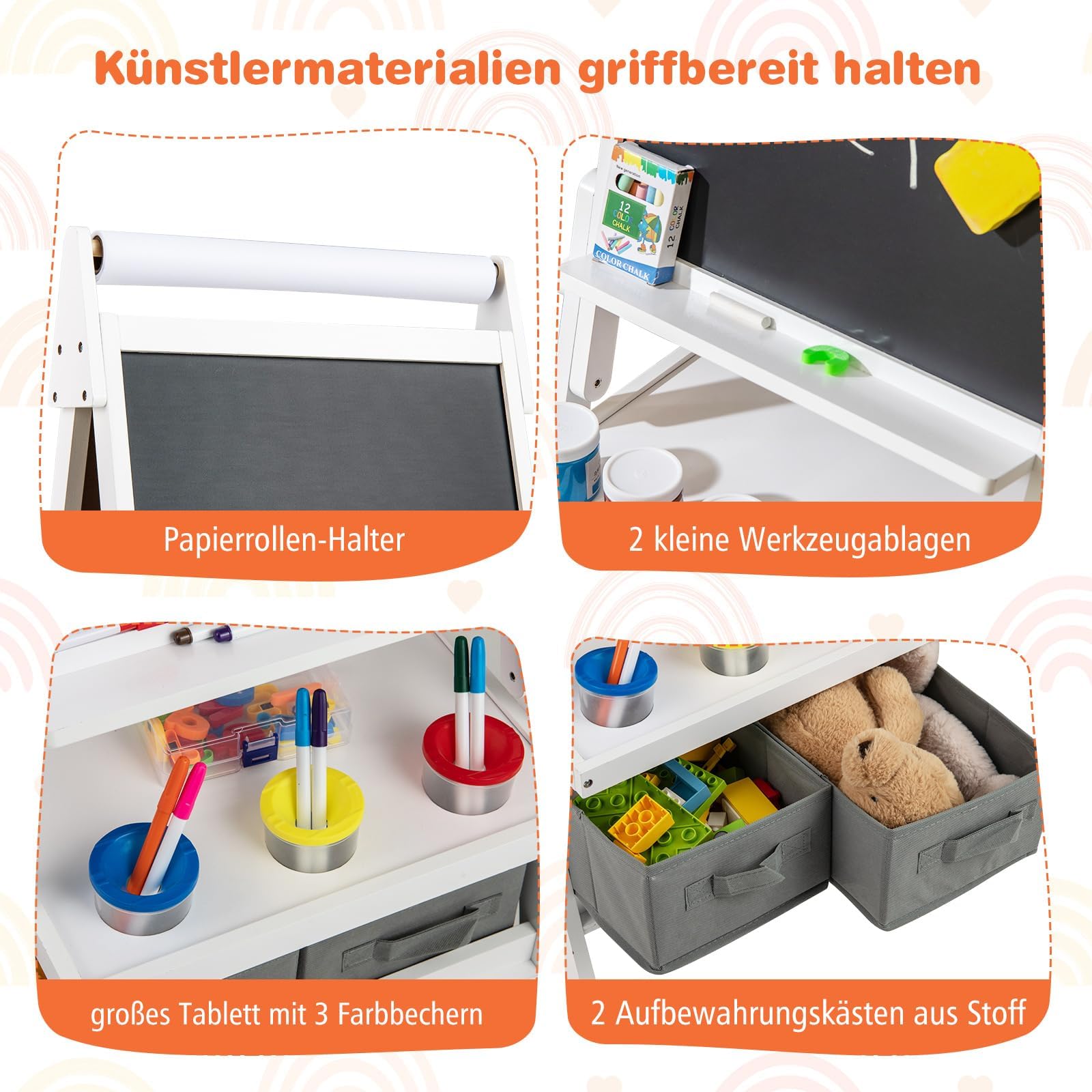 FANTASK Pizarra infantil 3 en 1 de doble cara con rollo de papel, pizarra magnética y pizarra blanca, incluye 3 vasos de pintura y 2 cajas, caballete para niños a partir de 3 años (color blanco)