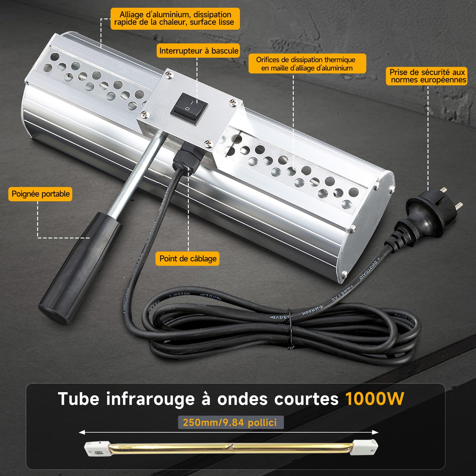 DATOUBOSS Lampada Infrarossi per Carrozzeria 1000W, Lampada per Asciugatura Vernice 220V, Essiccatore Portatile per Riparazione Carrozzeria Auto e Lavori di Verniciatura (300×150mm)