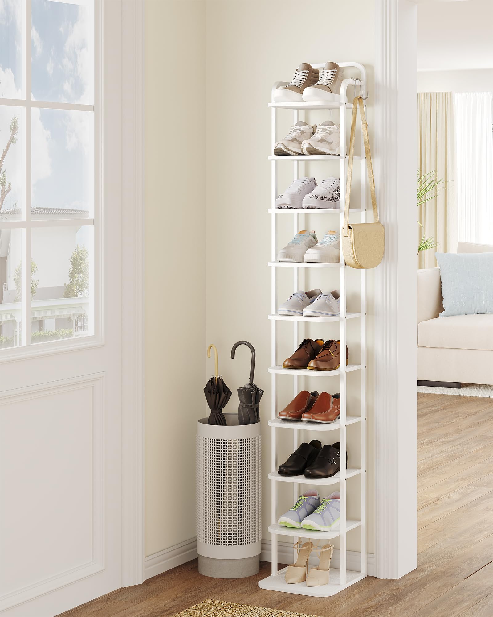 Hzuaneri Zapatero Vertical, Zapatero de 10 Niveles, Ahorra Espacio | Torre Para Habitaciones Pequeñas, Independiente, Ajustable, Blanco, SR11213W