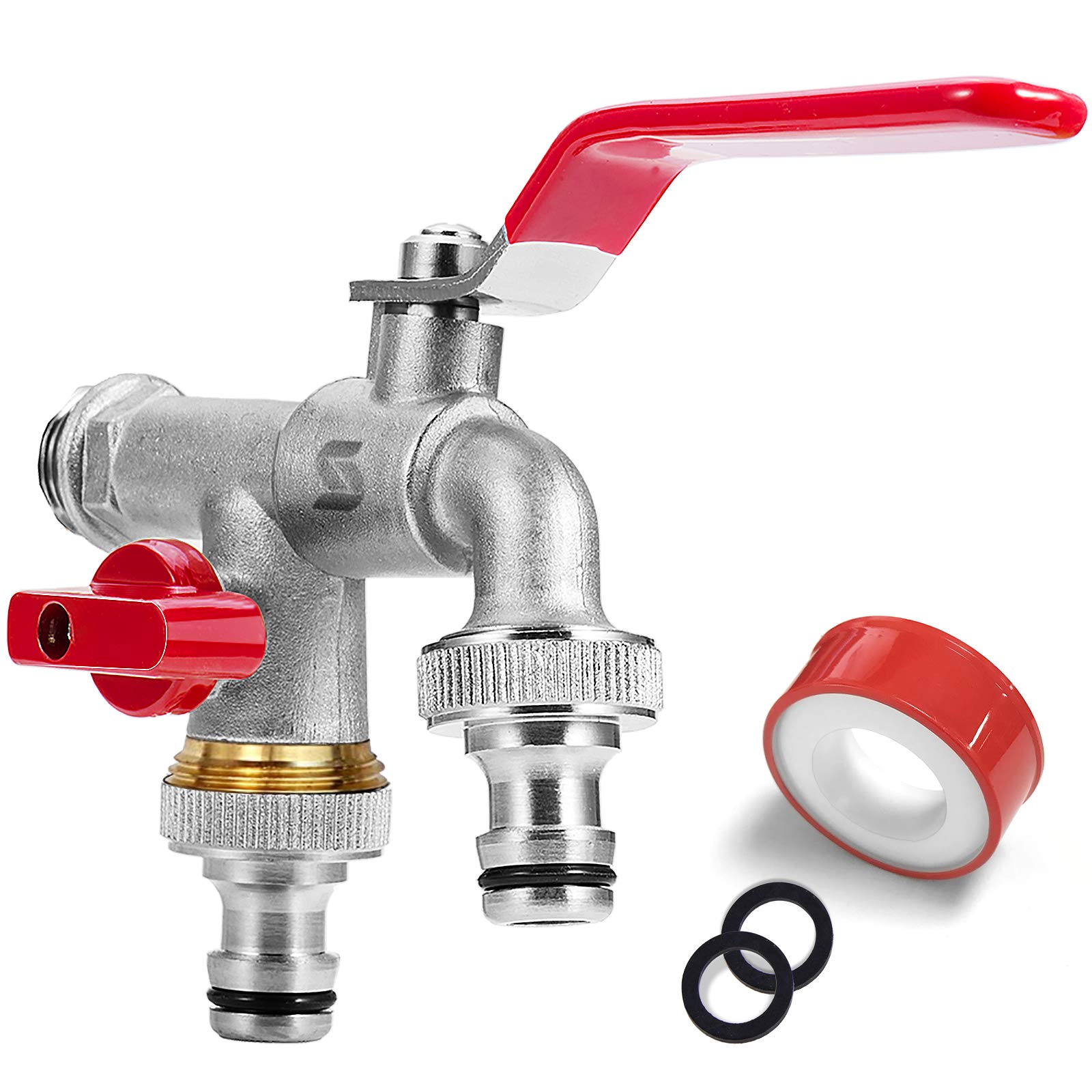 SPGOODGarden tap, double outlet tap, 1/2 inch, made of brass, rust and frost-proof, with 2 x 3/4 inch outlets, double connection and hose nozzle for garden, washing machine (red)