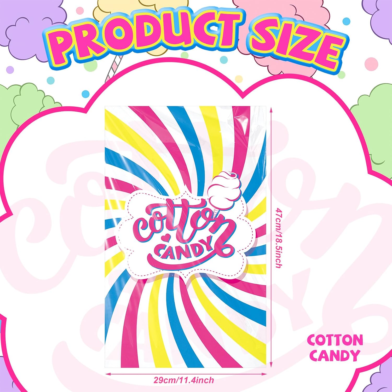Willinglong Cotton Candy Supplies Kit Include 11.5 x 18.5 Inch Plastic Printed Large Candy Bags with Ties and Cones Sticks for Party Gift Wrapping(400 Sets)