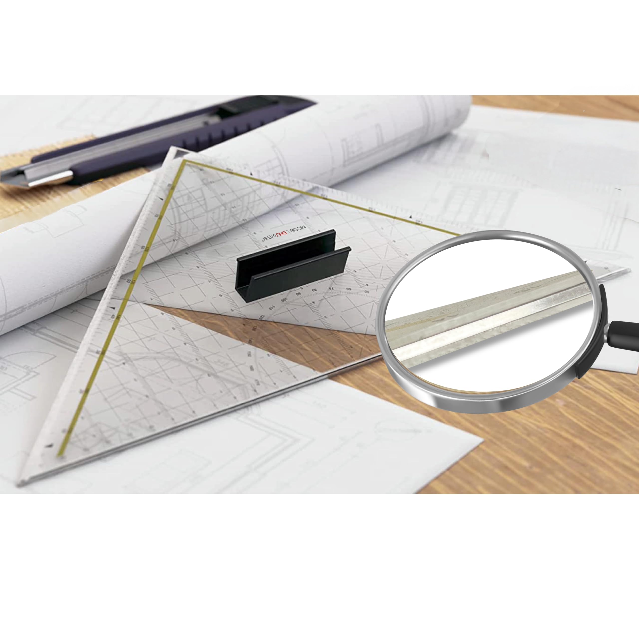 !!-Präzision aus Acrylglas und Edelstahl-!! Sehr hochwertiges 325mm-Schneidedreieck aus transparentem, dicken Acrylglas und mit einer massiven Stahlkante von Modellbauwerk®, Geodreieck