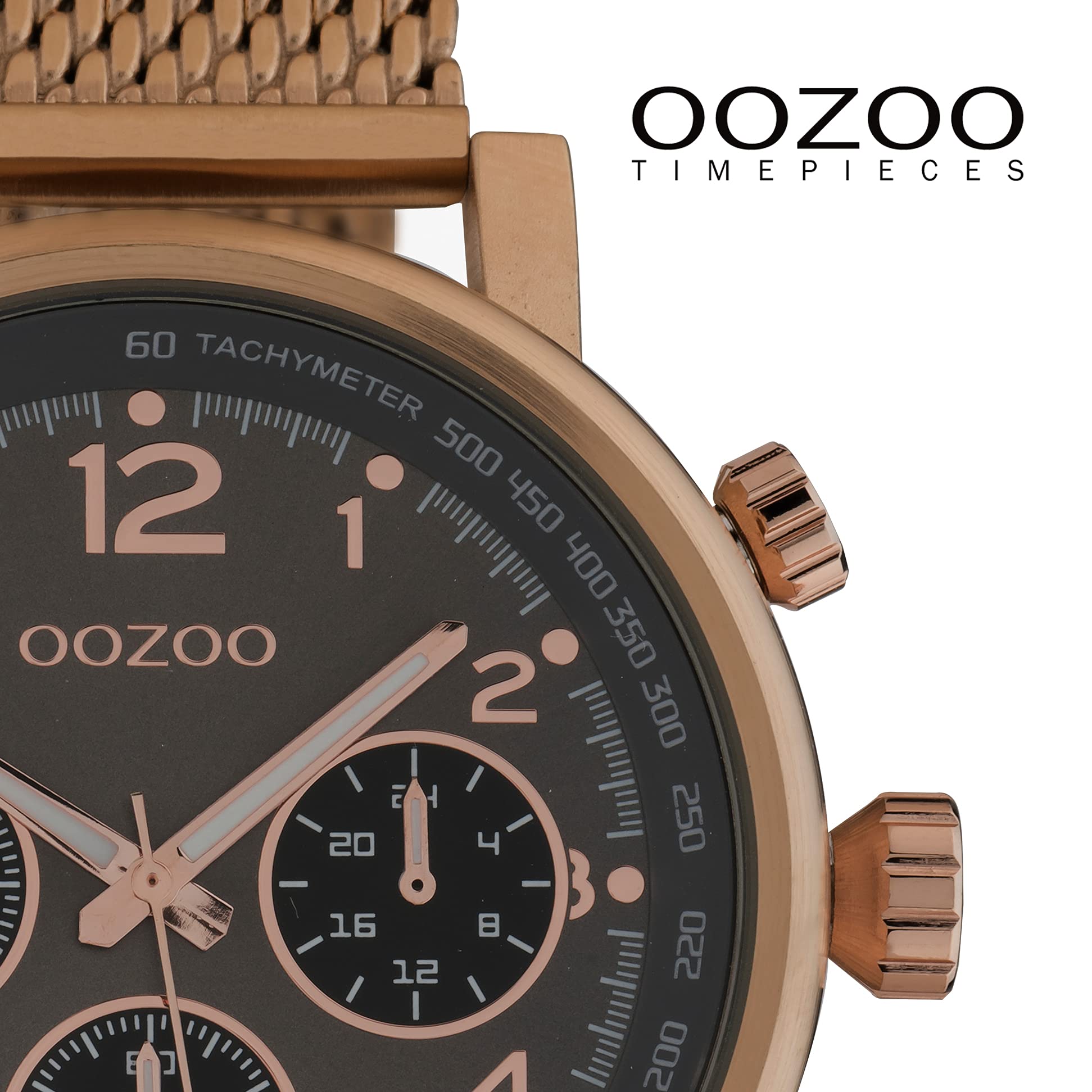 Oozoo Orologio da uomo Chrono Look con cinturino in maglia milanese, 45 mm, marrone / nero, groß, Bracciale