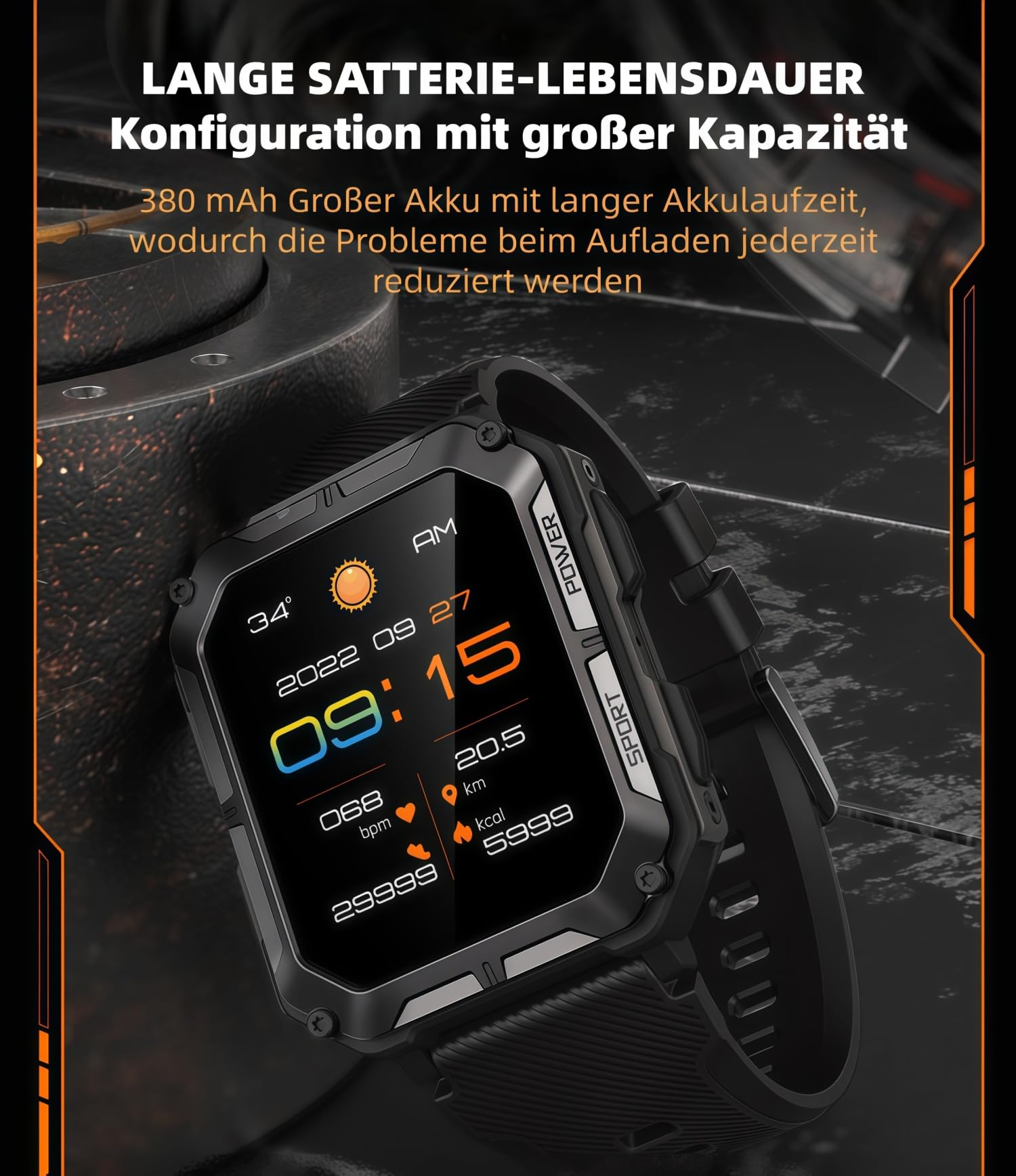 Thor Die Stabilste Smartwatch Originale smarte Sportuhr für Herren mit Telefonfunktion, Schrittzählung, Herzfrequenzüberwachung und Blutdruckmessung (orange Farbe)