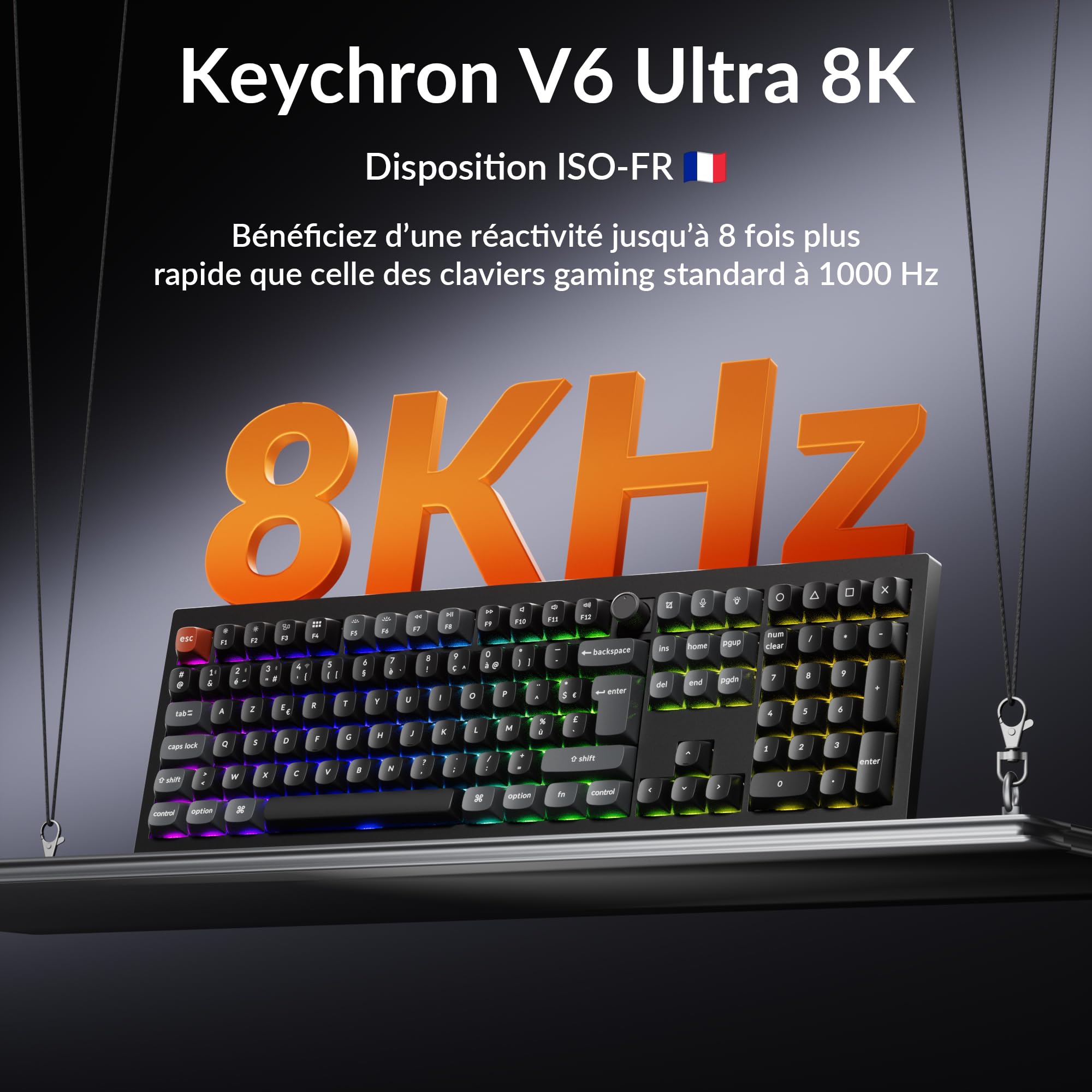 Keychron V6 Ultra 8K Clavier Mécanique sans Fil, 100% ISO-FR Layout, 8000 Hz, 2,4 GHz/Bluetooth 5.3/Filaire, RGB, ZMK/Launcher, Clavier AZERTY pour Windows et macOS, Interrupteur Silk Pom Marron