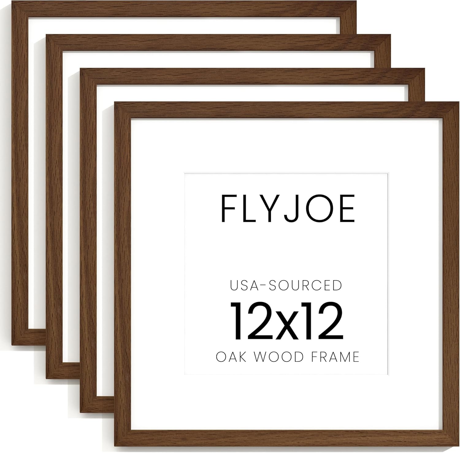 12x12 Oak Wood Square Picture Frame with Mat for 8x8, 12 by 12 USA-Sourced Natural Solid Wooden Photo Frame for Wall, Shatterproof Plexiglass, Hanging Hardware Included, 4 Pack, Walnut Color