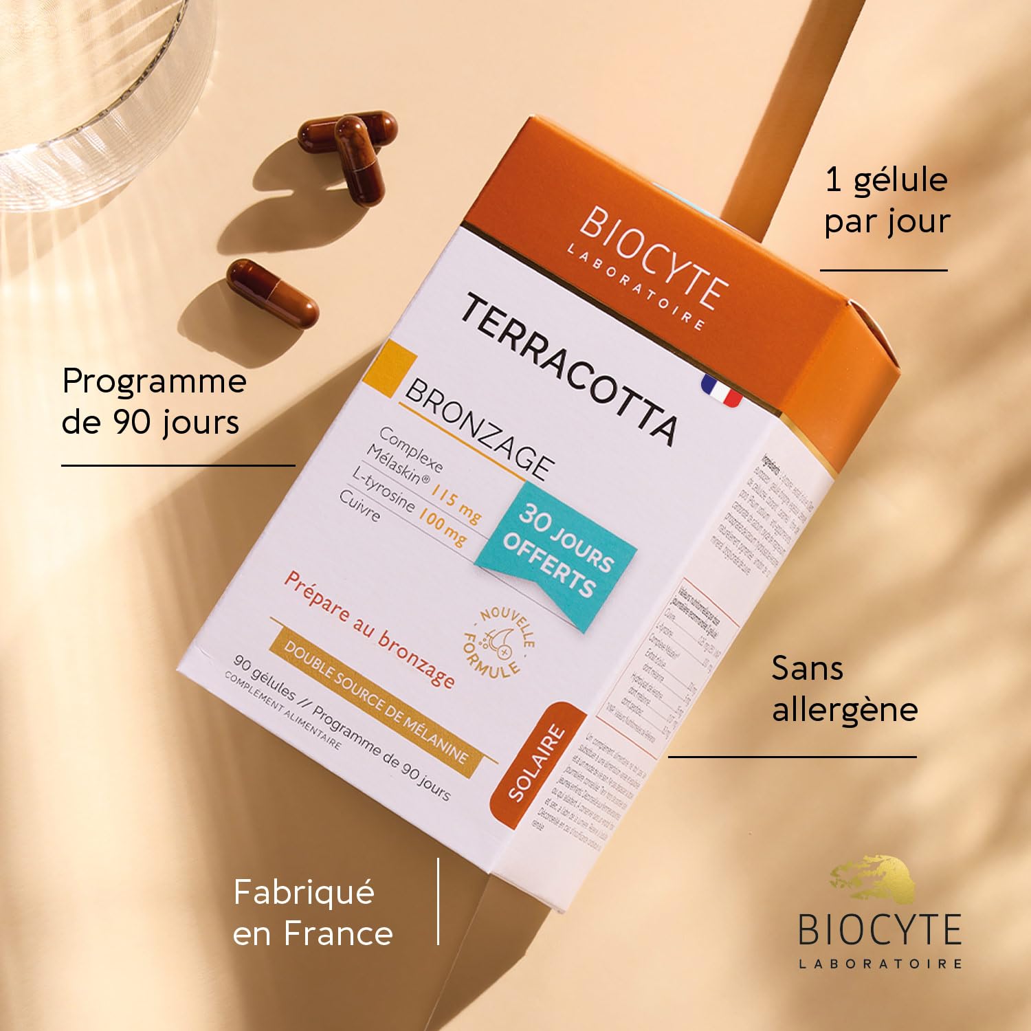 BIOCYTE Pack Terracotta Abbronzatura - Integratore alimentare abbronzante, preparatore solare - doppia fonte di melanina, L-tirosina, rame - programma di 90 giorni