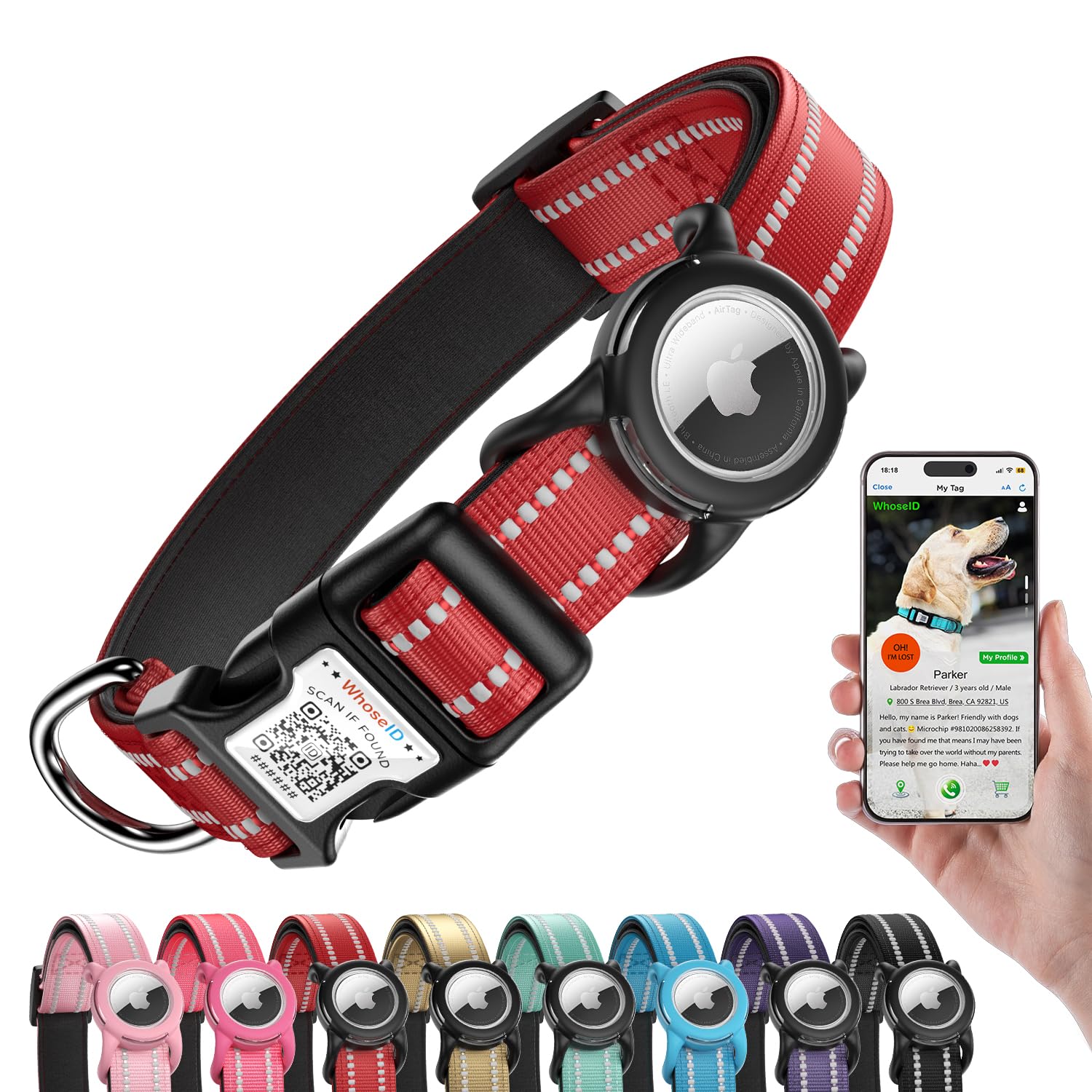 Collar de perro con código QR, collar reflectante para perro, acolchado de neopreno suave y hebilla de bloqueo de seguridad, collar ajustable para mascotas (rojo, M con soporte para Airtag)
