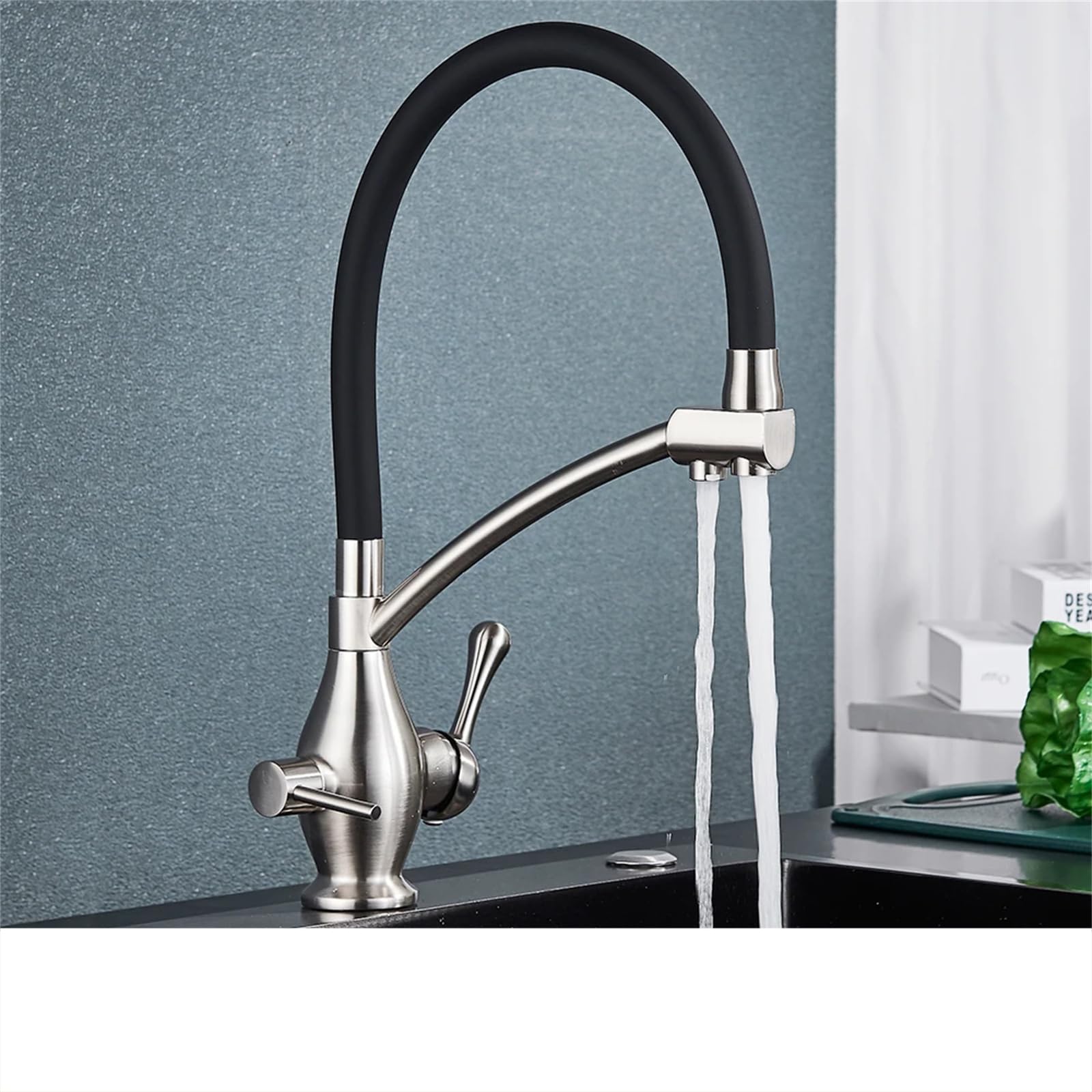 FCXWEVR Brass 2-in-1 Kitchen Faucet with Filter Swivel Double Spout Mixer Tap Brushed Nickel Finish Water Filtration System for Home Modern Kitchen Upgrade