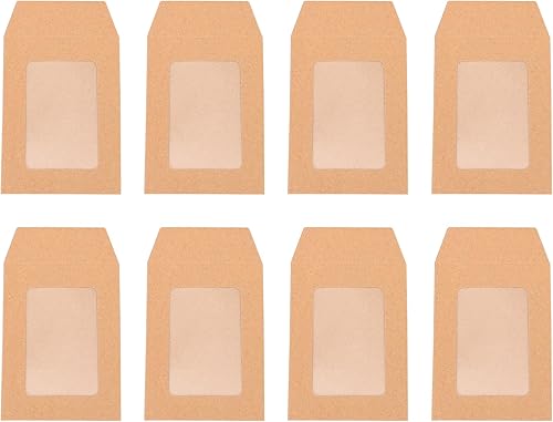 Baluue 25 sobres de tarjetas, sobres de monedas pequeñas de papel kraft con ventana transparente, mini piezas para artículos pequeños, sellos,