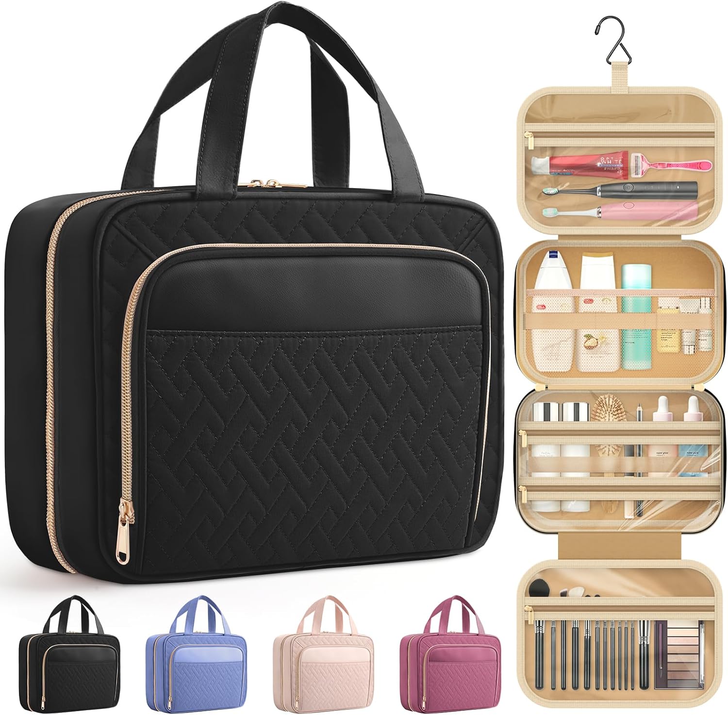 Travel Toiletry Bag for Women & Men, Waterproof Makeup Bag with Hanging Hook and Multiple Pockets, Cosmetic Bags for Women, Travel Essentials, 11.2'' x 3.2'' x 8.9'', Black