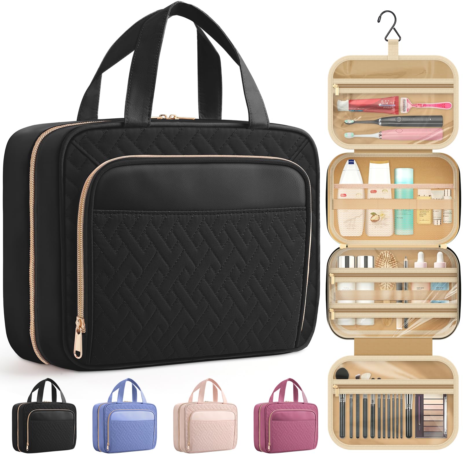 HOTOR Travel Toiletry Bag for Women & Men, Waterproof Makeup Bag with Hanging Hook and Multiple Pockets, Cosmetic Bags for Women, Travel Essentials, 11.2'' x 3.2'' x 8.9'', Black