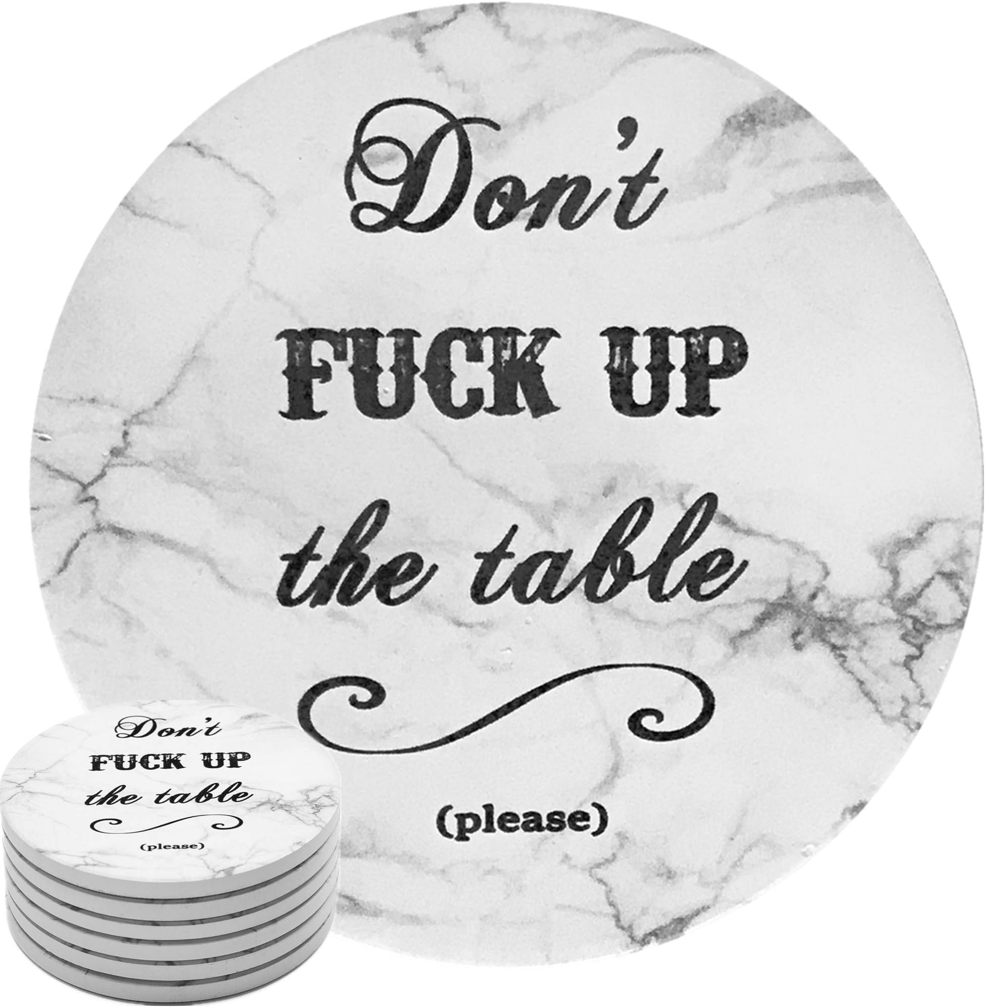 ENKORE Funny Coasters Marble Finish, Absorbent Drink Coaster Set of 6 Ceramic With Cork Back No Holder, Novelty Housewarming Gift Guys Man Cave Home Decor Idea, X Large 4.3" Inch for Better Protection