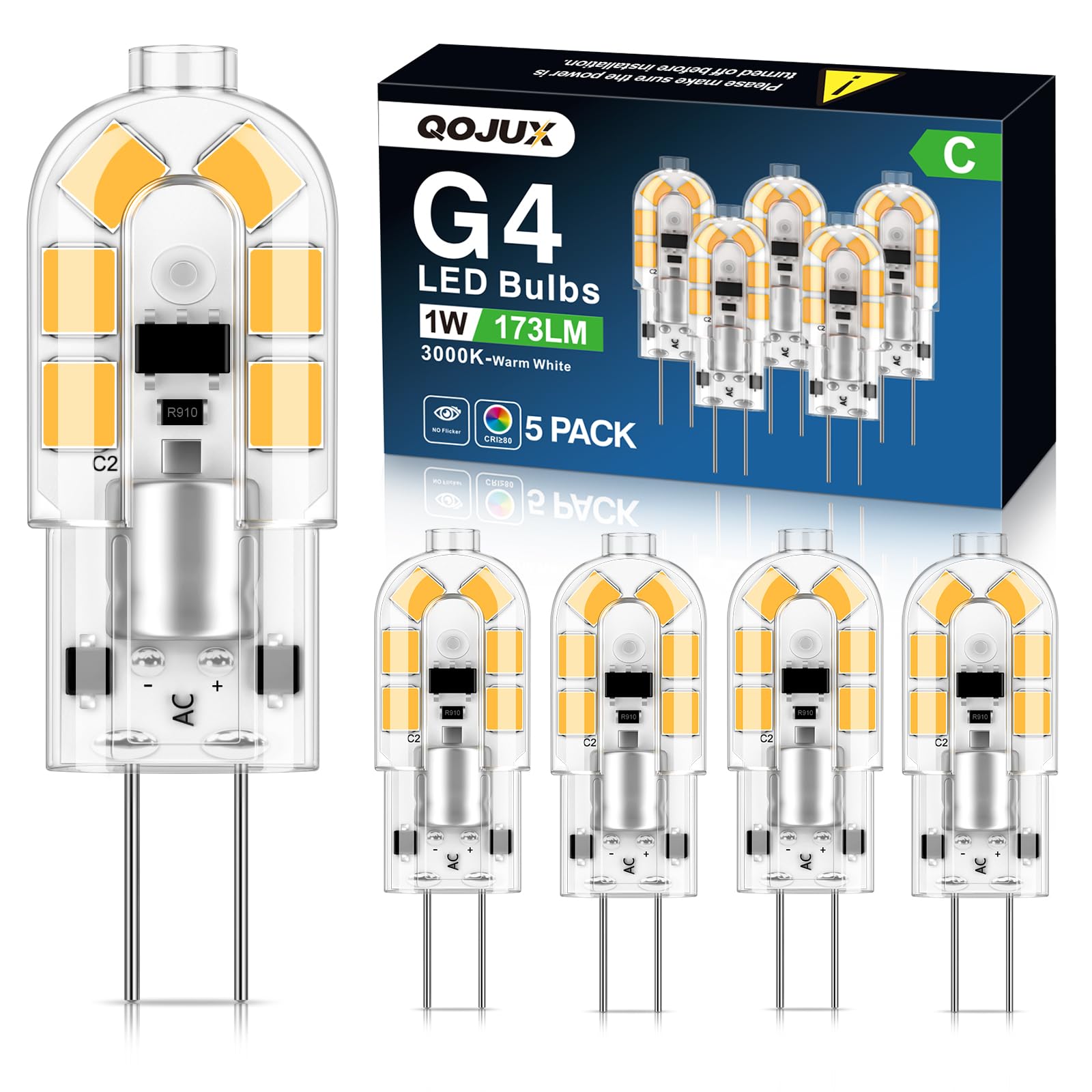 QOJUX G4 LED Bulbs, 1W 173LM Class C Warm White 3000K, Equivalent to 20W Halogen Bulb, Bi-Pin Base Energy Saving G4 Bulb, AC/DC 12V, Non-Dimmable Non Flicker, for Chandelier, Home Lighting, 5 Pack