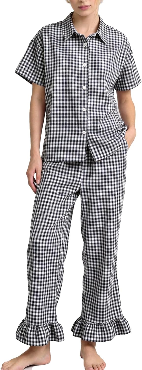 COZYPOIN Womens Gingham 2 Piece Set Plaid Cotton Pajama Sets Short Sleeve Button Shirt and Ruffle Pants Vacation Loungewear