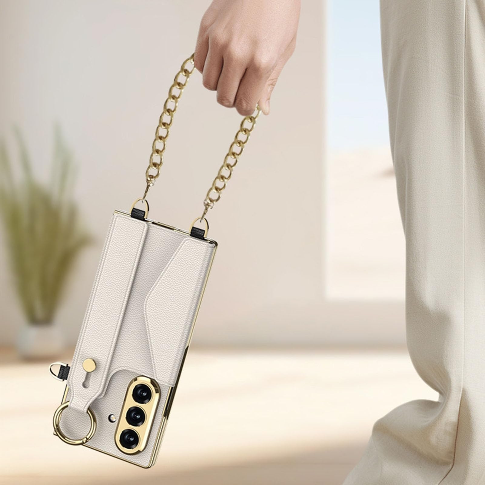 Generisch Etui do Samsung Galaxy Z Fold 7, skórzana bransoletka stojak przegródki na karty pokrowiec na telefon komórkowy metalowy łańcuszek etui ochronne folia ochronna na wyświetlacz osłona (Green2)