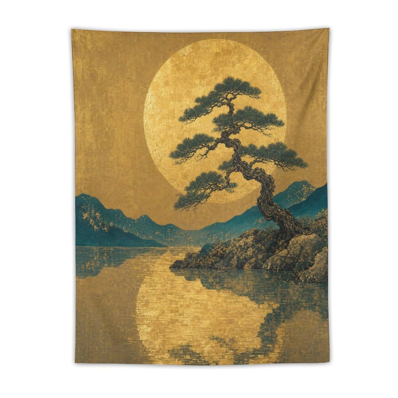 W7C8U2X3 Golden Moon Pine Landscape Wall Tapestry, Ukiyo-e, Apartment