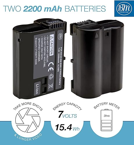 Miniatura 2 de BM Premium Paquete de 2 baterías EN-EL15 y kit de cargador de batería para Nikon D850, D7500, 1 V1, D500, D600, D610, D750, D800, D810, D810A,