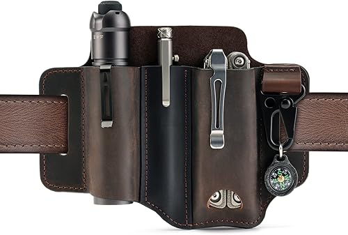 Miniatura 8 de VIPERADE PJ29 Funda multiherramienta para cinturón, organizador de bolsillo EDC de cuero para hombres, funda de cuero EDC, linterna y funda