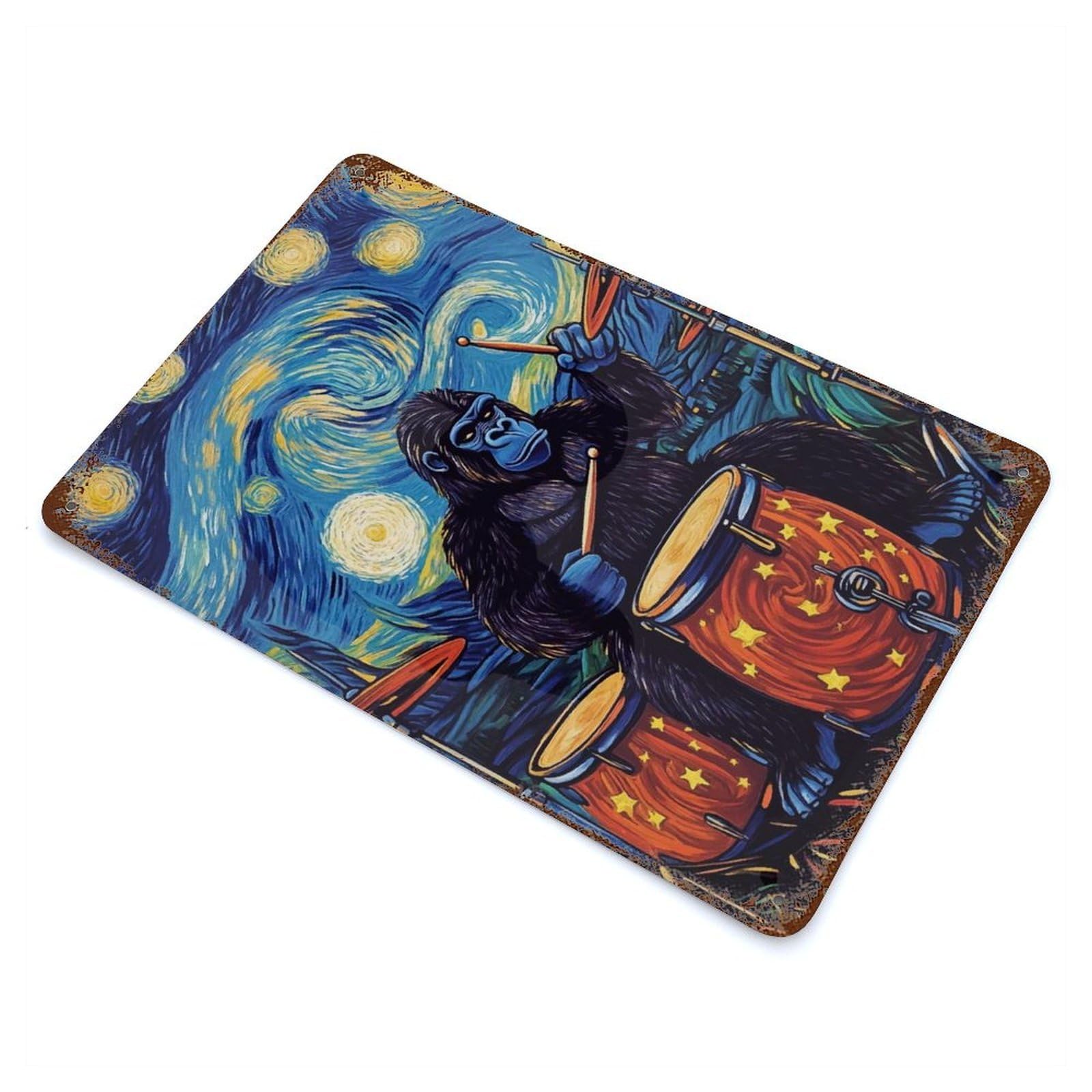 Gorilla Drummer Starry Night Rustic Tin Plaque 11.8"x7.9", Ideal for Shed, Workshop And Garage Wall Decor