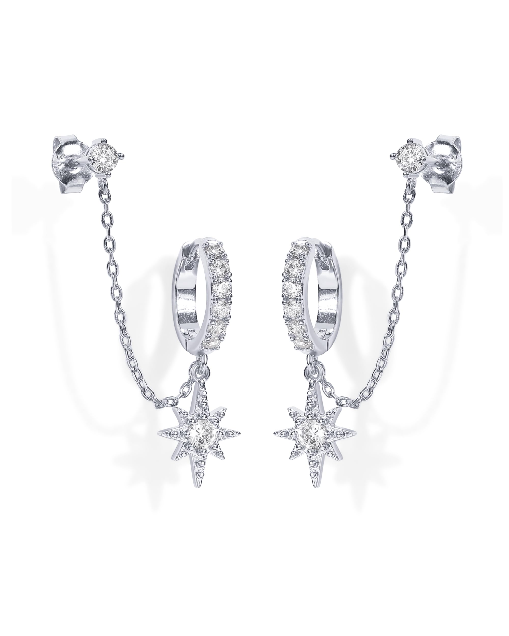 PAVOI 14K Gold Chain Earrings for Women Double Earrings Dangle Chain Huggie Hoop Earrings Cubic Zirconia Pearl Stud Ear Cuff Earrings for Women, White Gold, Cubic Zirconia, White Gold, Cubic Zirconia