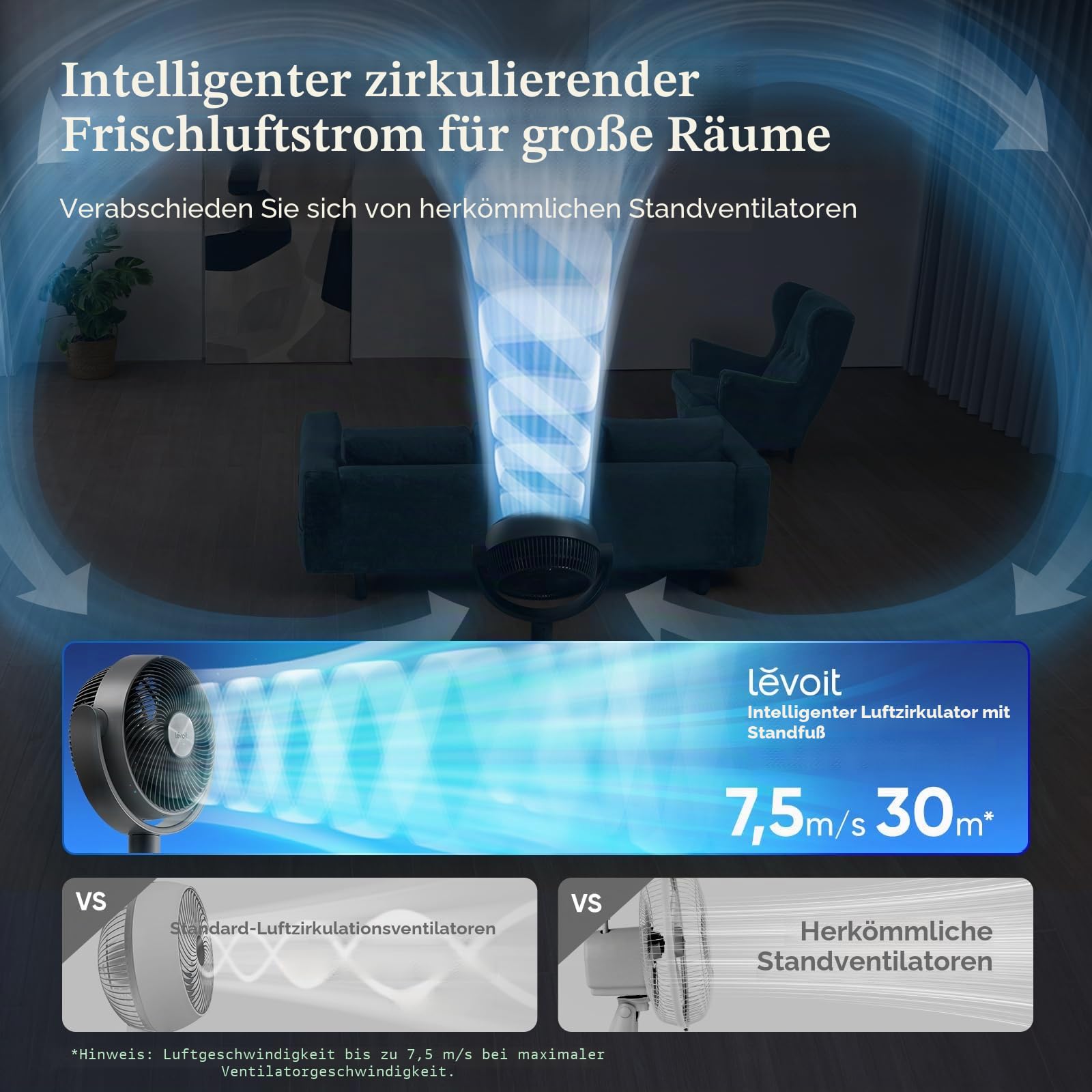 LEVOIT 20 dB, intelligenter Standventilator, DC-Motor, niedriger Stromverbrauch, mit WLAN, 4 Modi und 12 Windgeschwindigkeiten, 30 m Wind, 12 Stunden Timer, 90 ° + 120 ° Oszillation