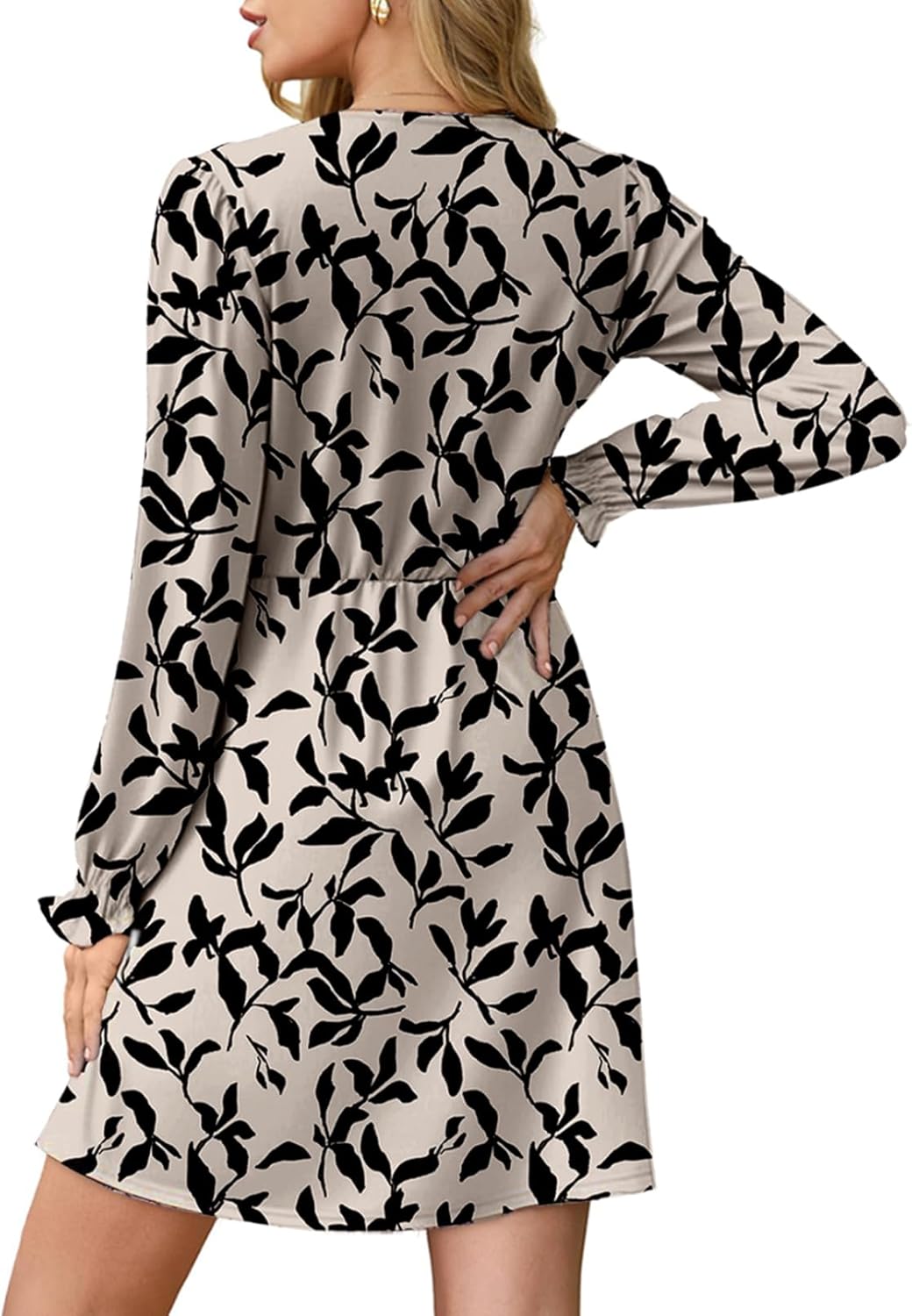 Dokotoo Fall Dresses for Women 2025 Casual V Neck Lantern Long Sleeve Floral Shirred High Waist A-Line Boho Dress - Image 2