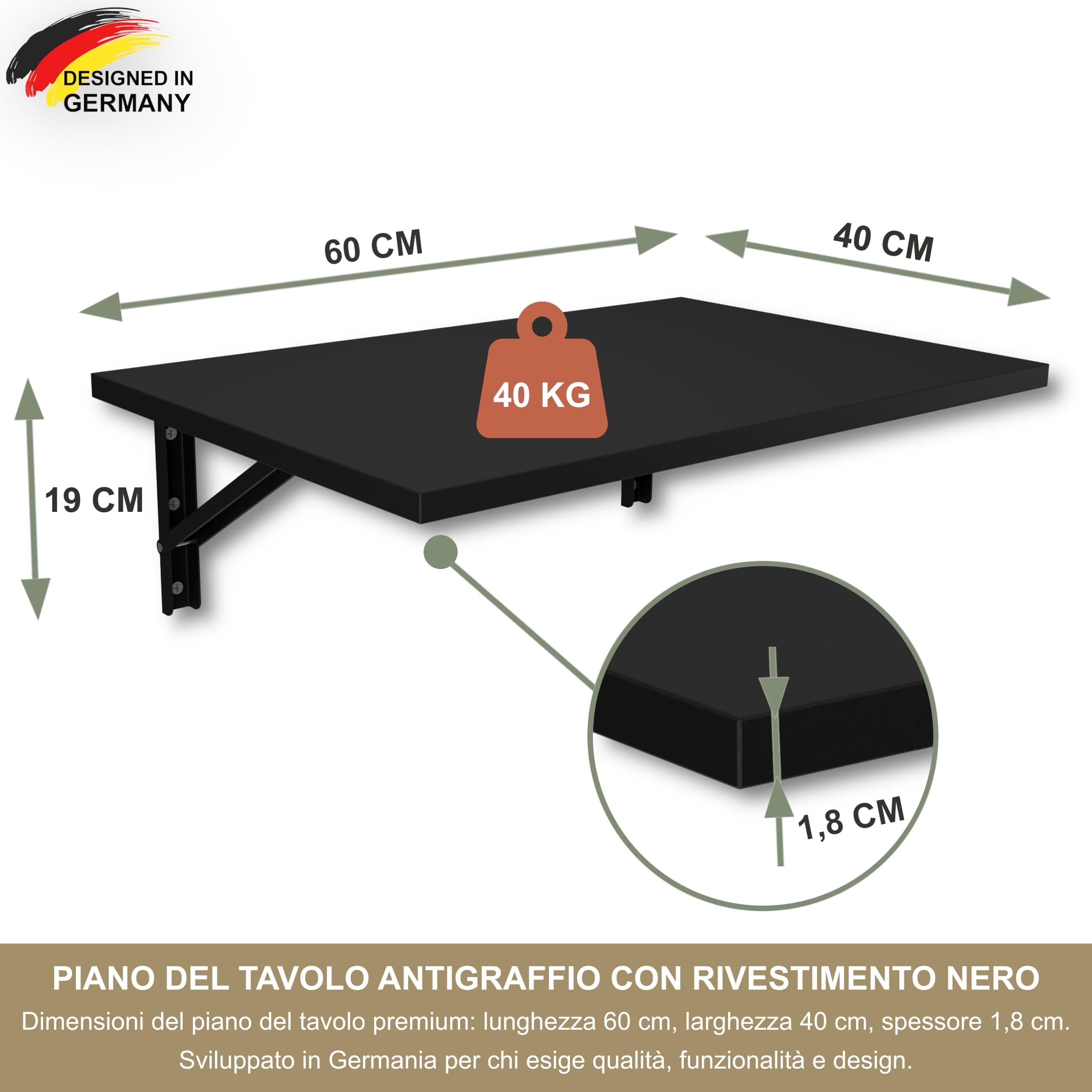 KDR - Tavolo pieghevole da parete, 60 x 40 cm, montaggio a parete, salvaspazio, tavolo da pranzo, scrivania e tavolo da cucina, ideale per piccoli spazi e home office (nero)