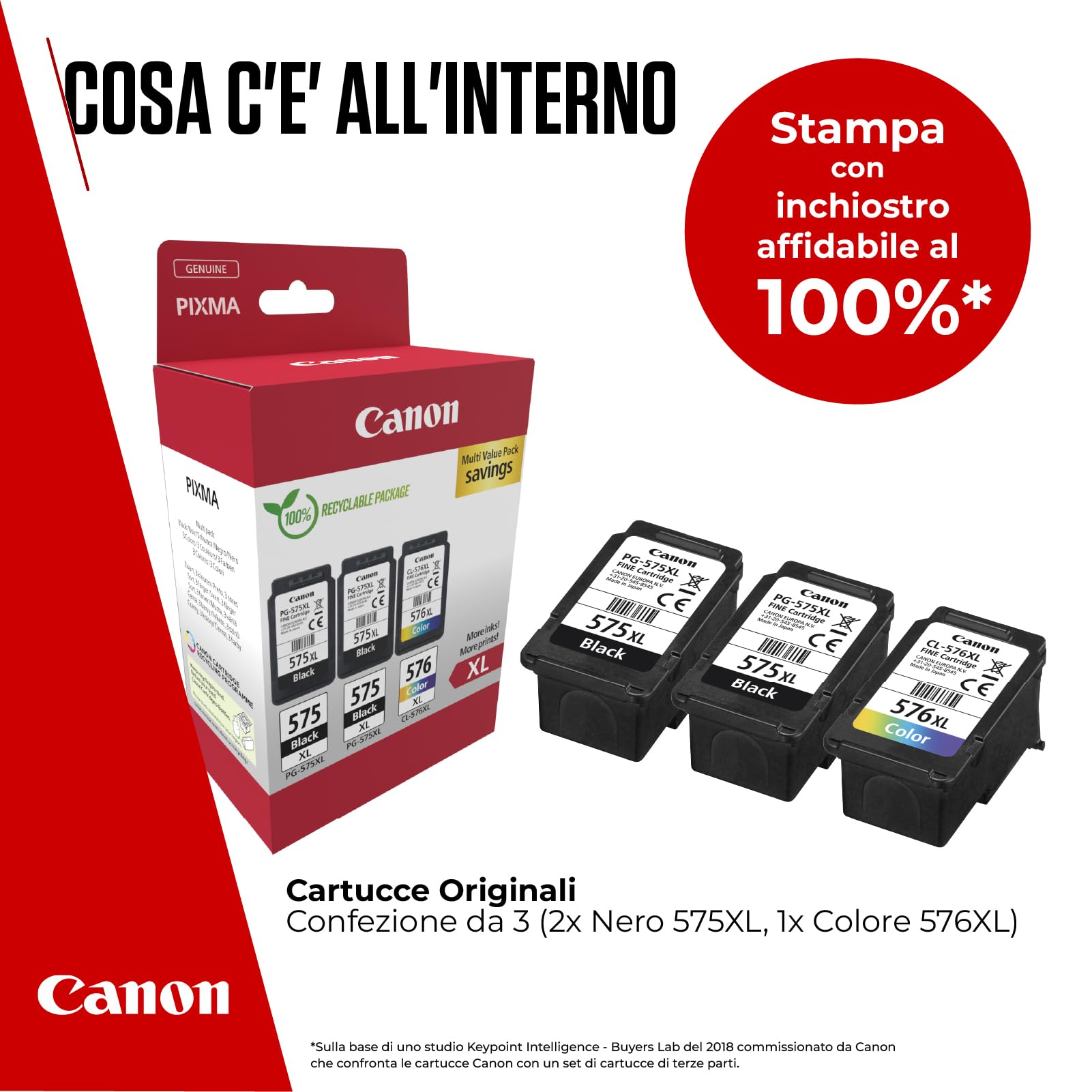 Canon Cartuccia 3 Cartucce per Stampante Originali ad Alta Capacità PG-575XL/CL-576XL (2 x Nero, 1 x Colori)