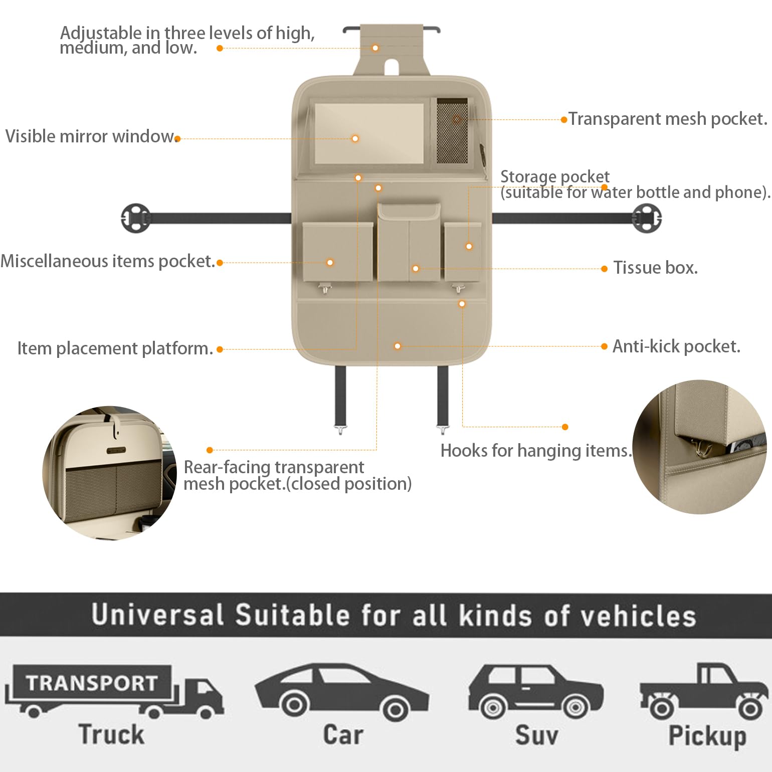 Car Seat Organizers Multi-functional Back Seat Protectors Storage Pouches and Tray Holders for Cars Kids Seat Back and — view 8