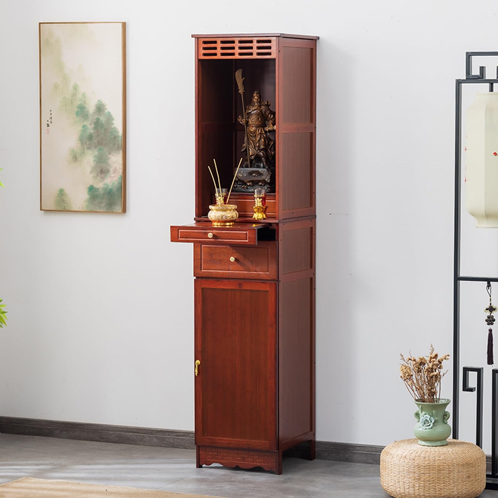 ZIGTUEI Altar Cabinet with Drawer, Chinese Meditation Altar Table, Puja Table, 2-Tier Meditation Meditation Table, for Prayers, Worship, for Living Rooms, Shrines, Temples(Red,172x38cm/67.7x15in)