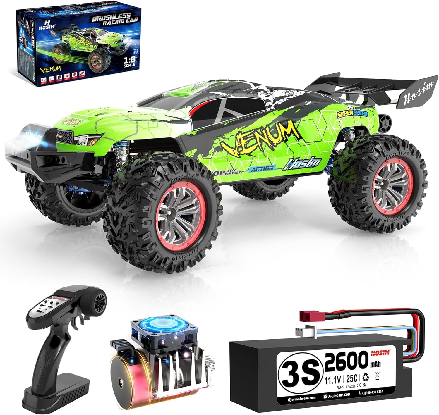 HosimVENUM 1:8 Brushless Remote Controlled Car, 4WD High Speed 80+ km/h RC Car Adults, Fast Hobby Grade RC Offroad Truck Children (X17)