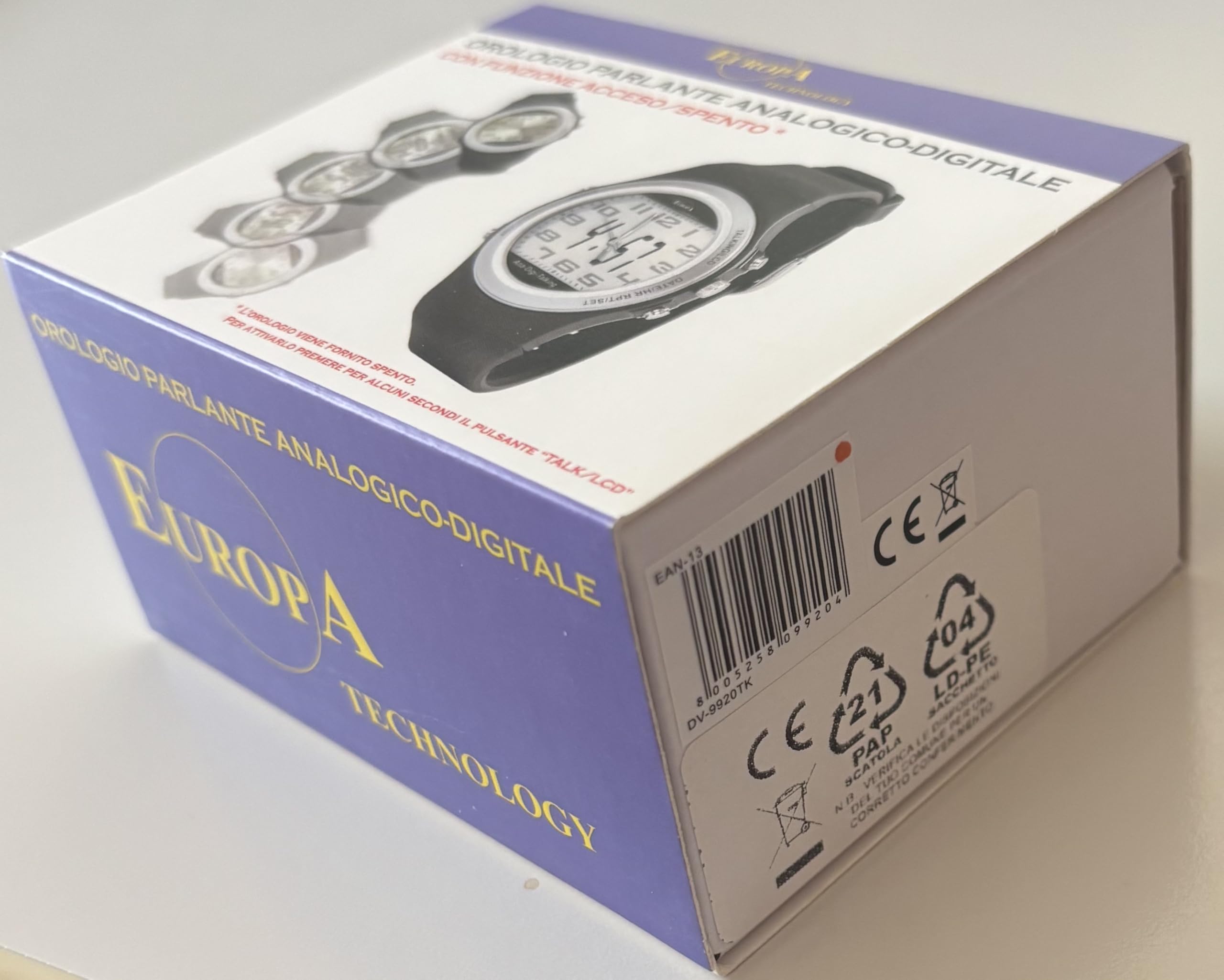 Reloj parlante Talking de hombre para ciegos, ancianos, personas con discapacidad visual o ciega. Anuncio de voz en italiano con alarma y calendario. Visualización analógica y/o