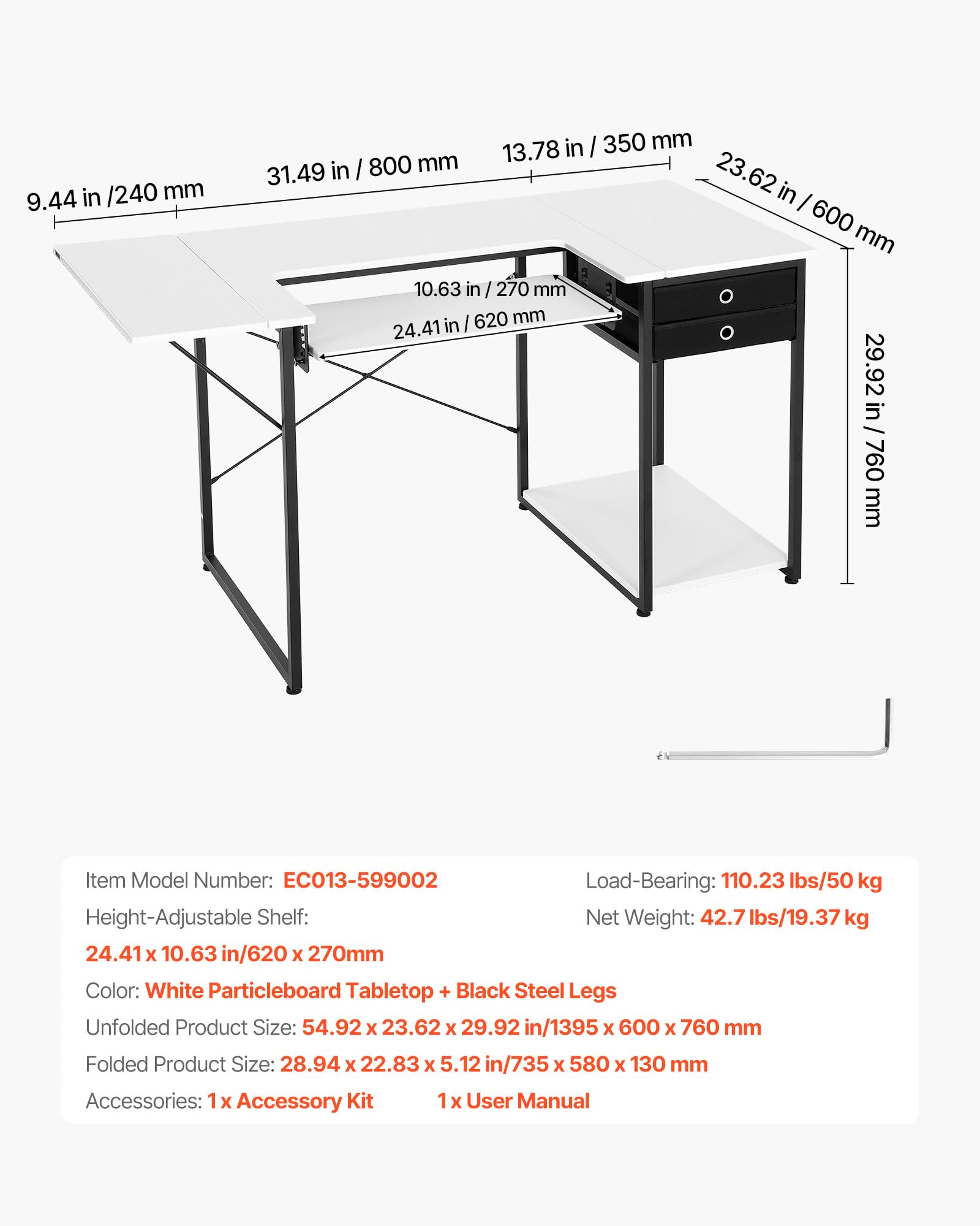 VEVOR Table de Couture, Pieds en Acier, Table pour Machine à Coudre Polyvalente avec tiroirs, Tablette latérale Pliable, étagère réglable, pour Maison, Studio d'art, établissement d'enseignement