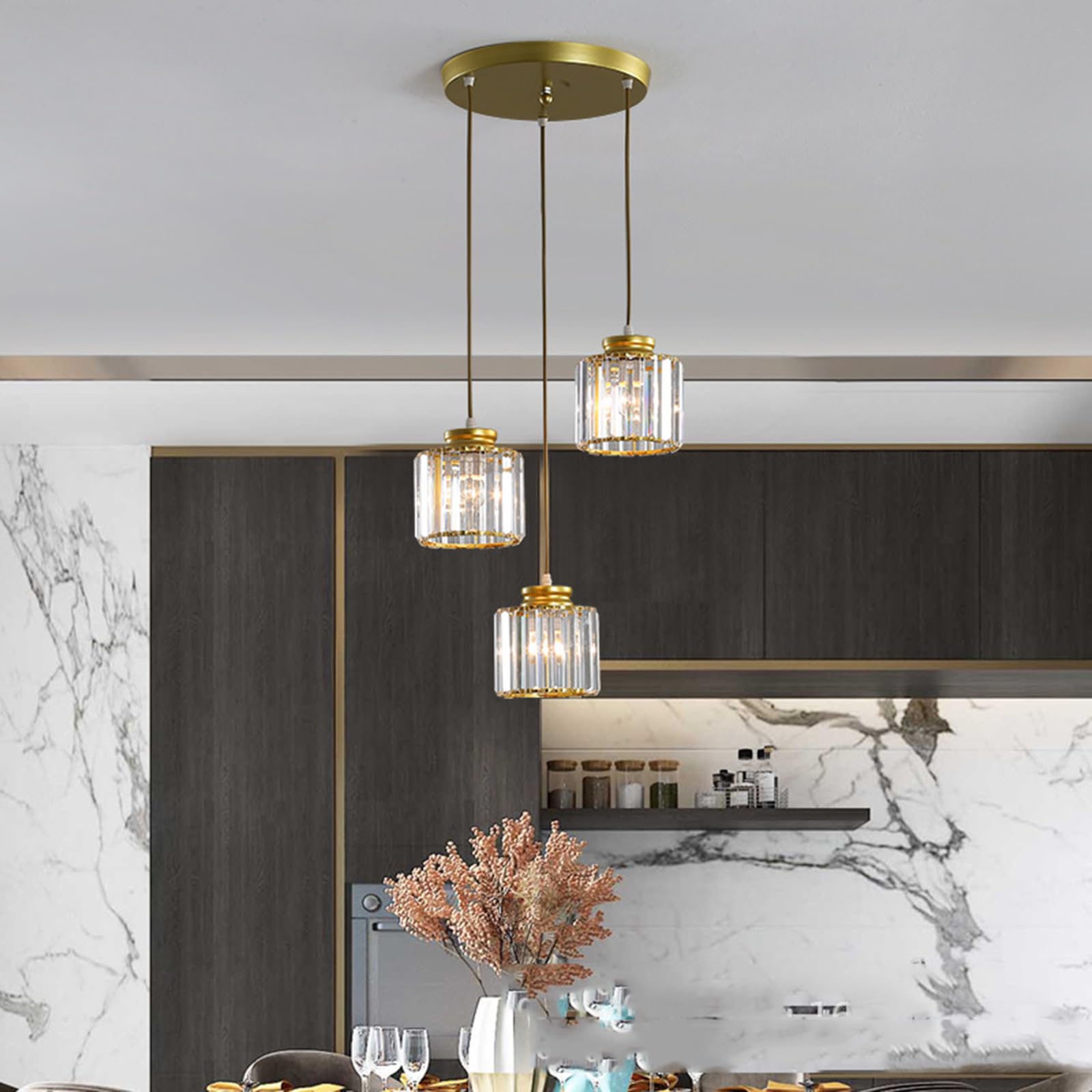 Lámpara colgante de cristal de 3 luces, base dorada y lámpara de techo de cristal, accesorio de iluminación colgante para cocina, isla, comedor, dormitorio (Oro)