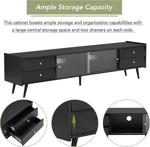 Miniatura 3 de Linique Soporte de TV contemporáneo con puertas corredizas de vidrio estriado, cajones inclinados, consola multimedia para televisores de hasta 70