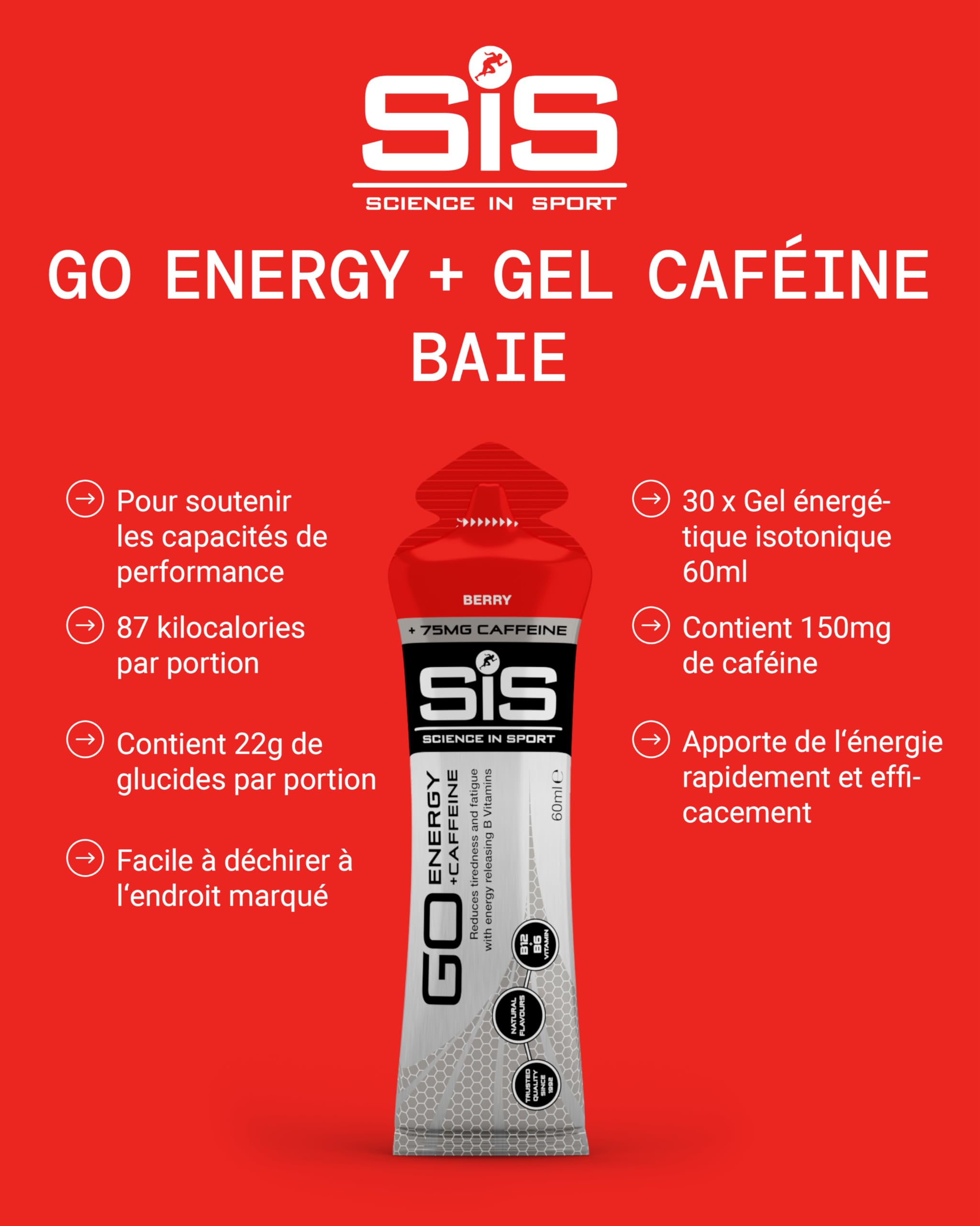 Science in Sport GO Energy Gel + Caféine Gel 30 x 60ml Fruits rouges, Vegan - Gel avec 75mg de caféine & 22g de glucides, énergie pour sportifs d’endurance