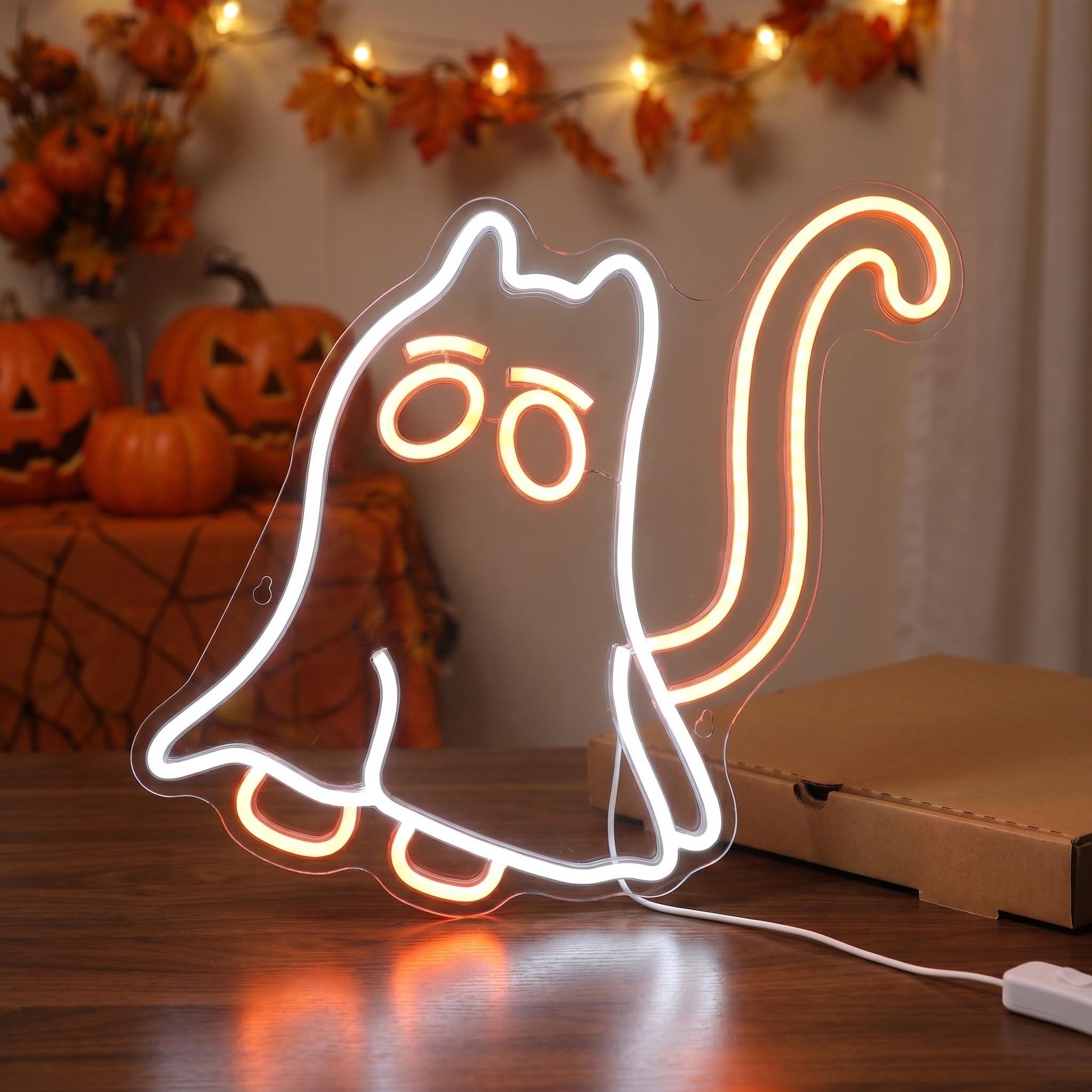 Operitacx Enseigne lumineuse néon chat fantôme - Adorable néon LED d'Halloween - Lampe fantôme alimentée par USB pour décoration murale de chambre, fenêtre, décor de club et de fête -
