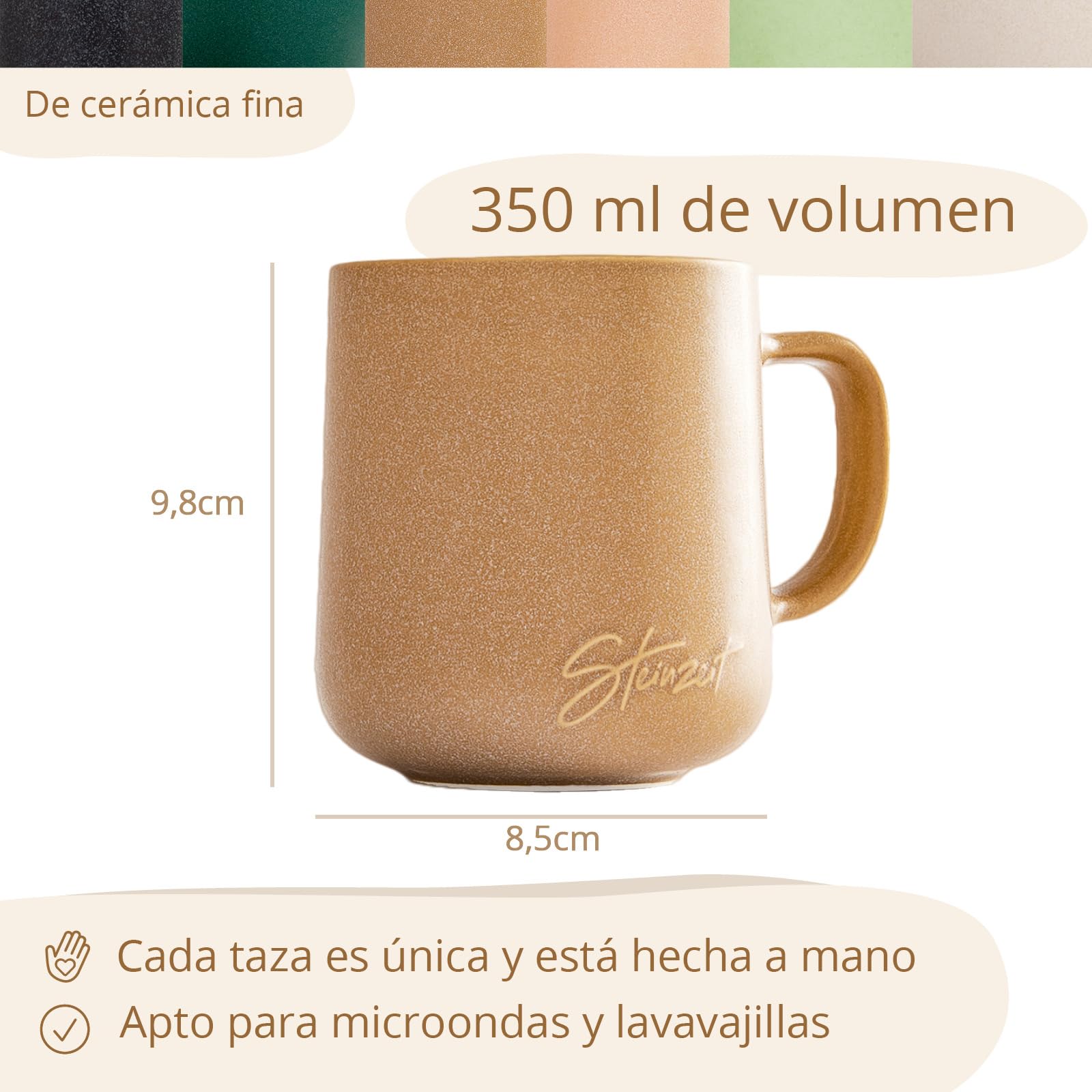 Steinzeit Tazas de café (6x350 ml) – Tazas desayuno 100% artesanales – Juego de 6 tazas con colores pasteles únicos – Tazas cafe grande de 350 ml apta para cualquier bebida amz