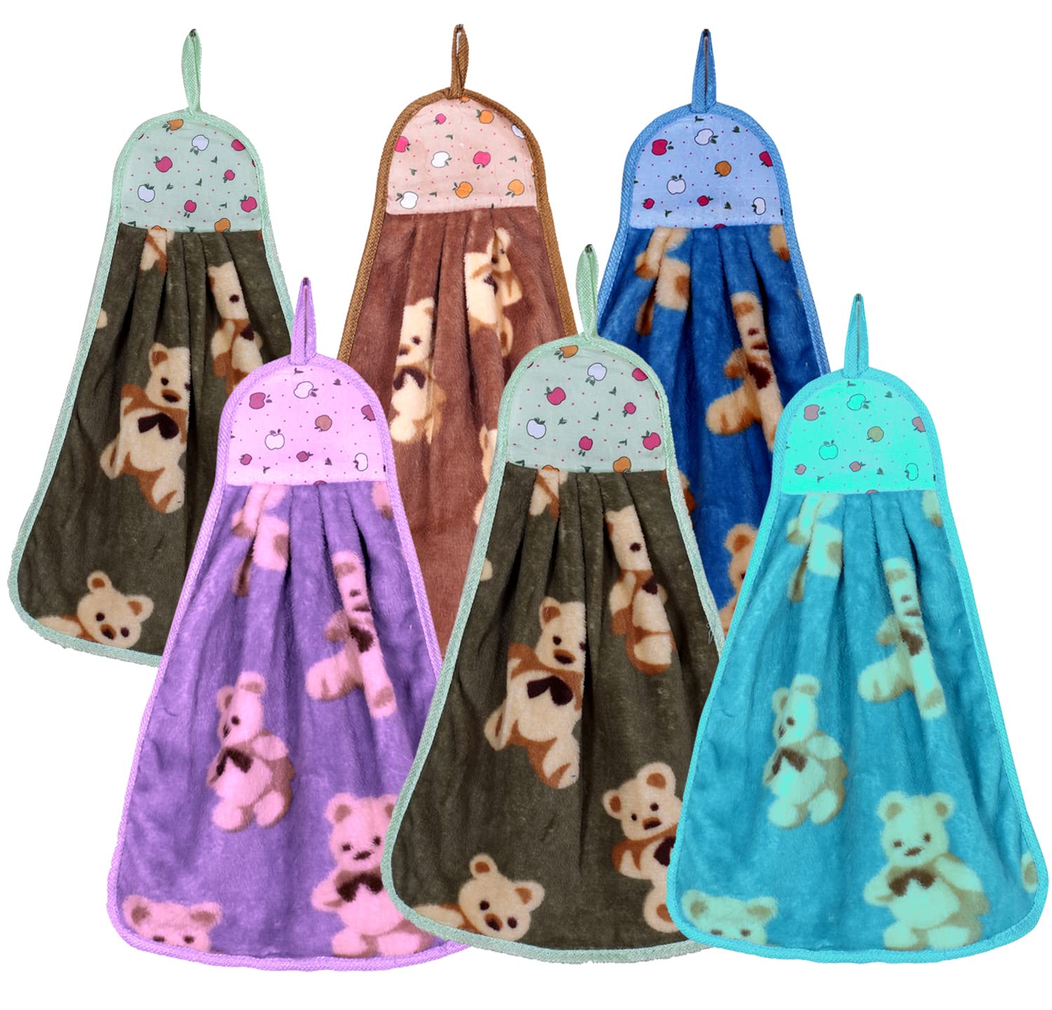 Kuber Industries Soft Cotton Teddy Bear Super Absorbent Hanging Napkin|Hand Towel for Washbasin & Kitchen,Pack of 6,(Assorted)