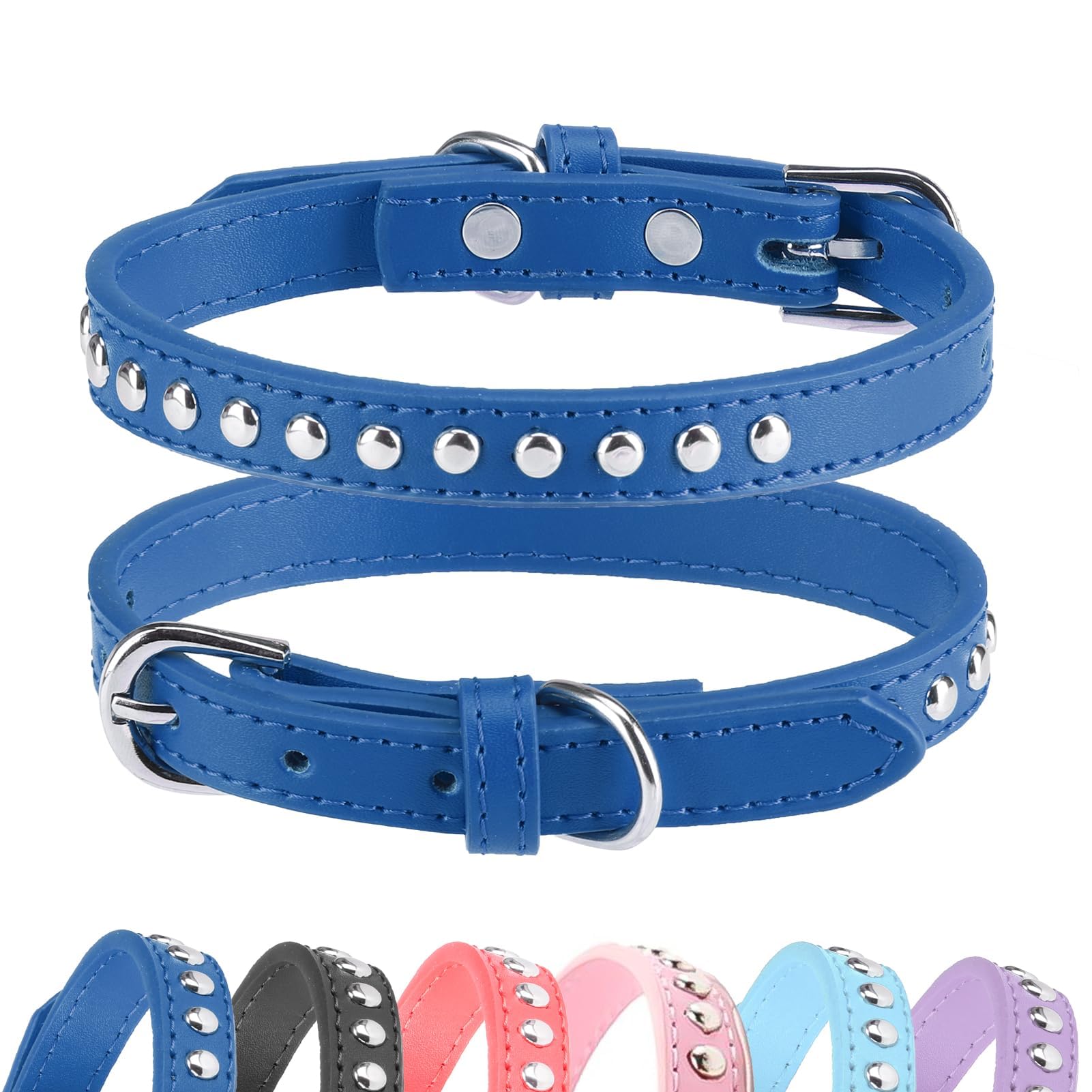 Collier pour chien réglable BINGPET BA2006 en cuir bleu foncé avec clous pour balade taille S
