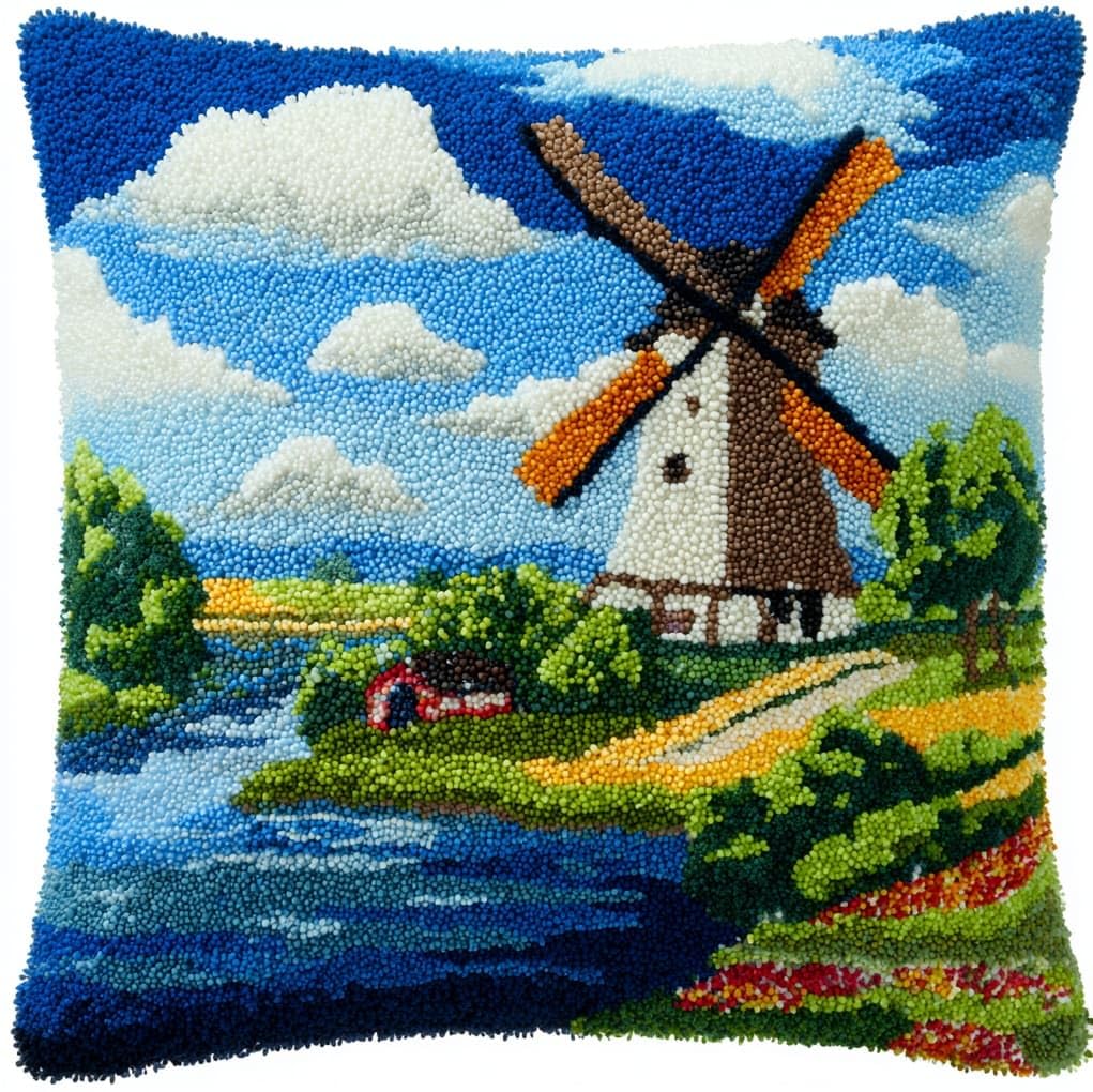 WallustrioaW Latch Hook Pillow Cover Kit,Windmills in the Village