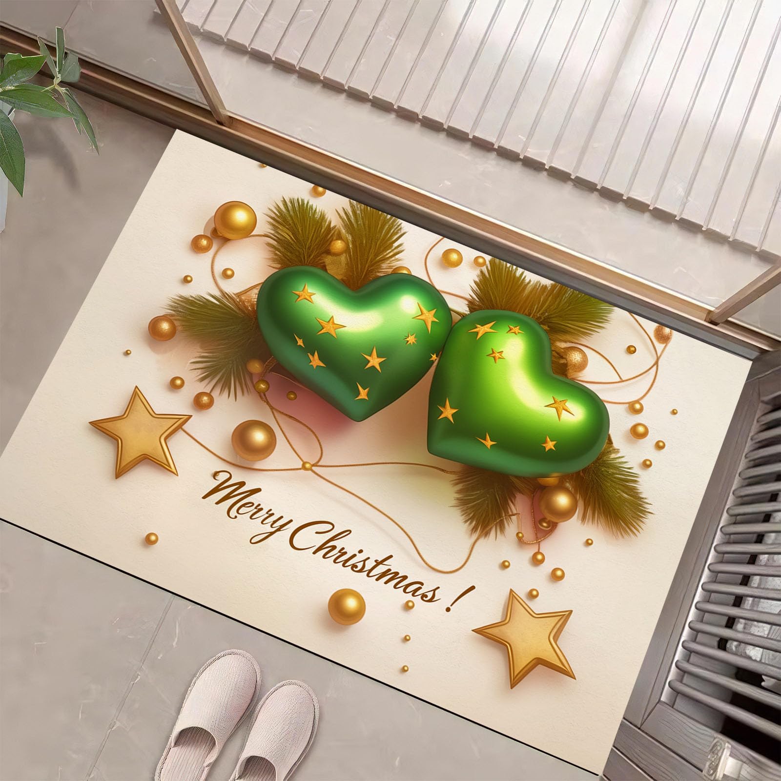 Felpudos De Navideño, 90X150Cm Antideslizante Alfombra De Globos 3D En Forma De Corazón, Alfombra De Puerta Entrada para Navidad De Lujo, Felpudos De Bienvenida De Beige para Interiores