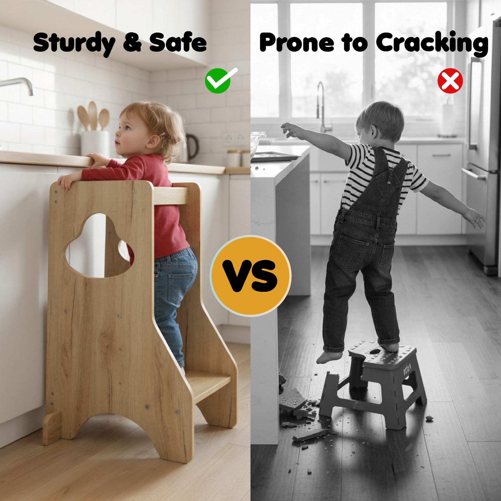 COSYLAND Kleinkind Stehturm Höhenverstellbar - Holz-Tritthocker Lernhilfe für Küchentheke, Bad, Kinderzimmer - Stabiler Kinder-Tritthocker für Küche (Natur)