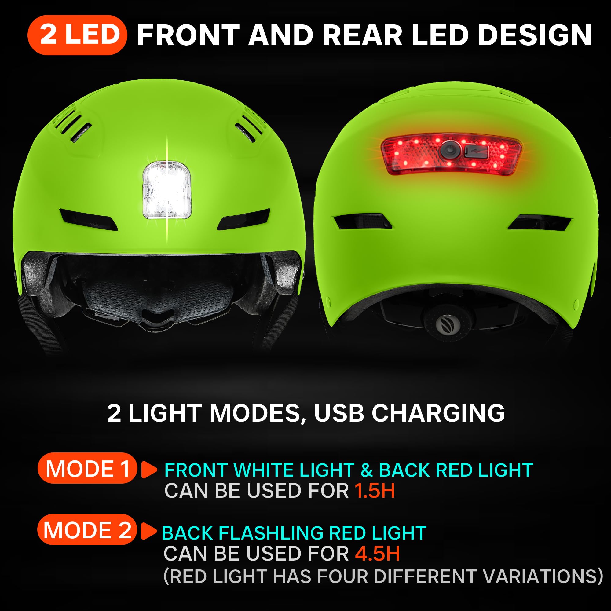 DKONI Casque de vélo avec lumières LED - Casque de vélo Rechargeable par USB - avec lumière LED Avant et arrière - pour Homme et Femme