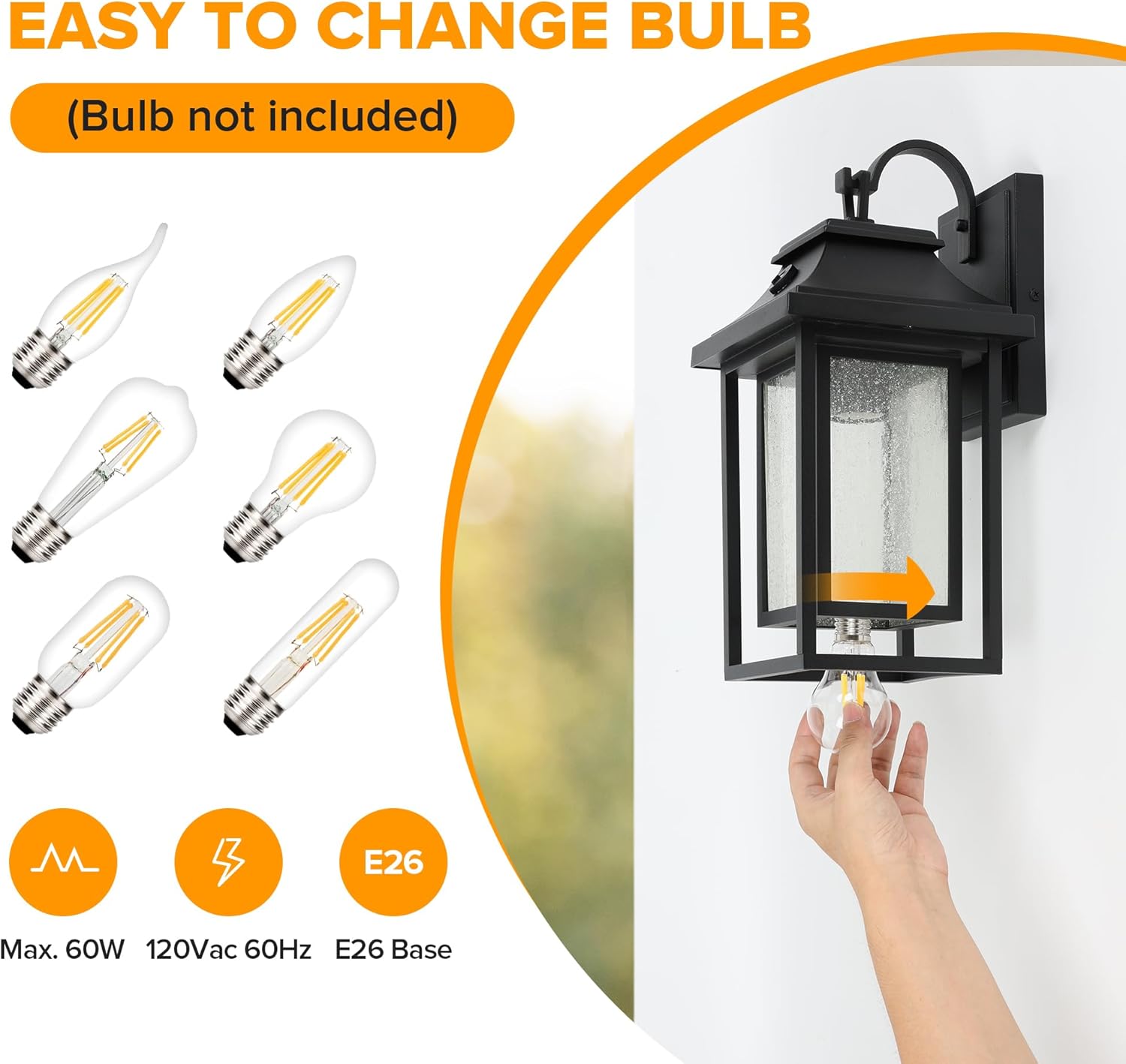 LUTEC 15 Inch Dusk to Dawn Outdoor Wall Sconce, Matte Double Metal Frame Outdoor Light Fxture with E26 Base, Waterproof Seeded Glass Porch Light for Doorway