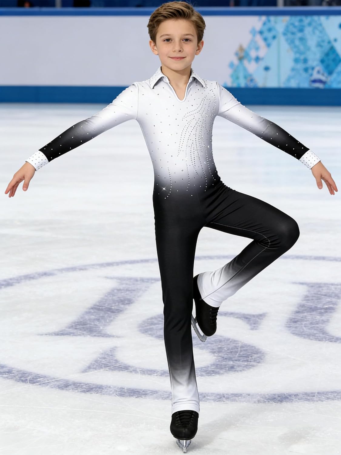 Boys Sparkle Gradient Figure Skating Jumpsuit Long Sleeve Collared Back Zip Gymnastics Lyrical Dance Leotards