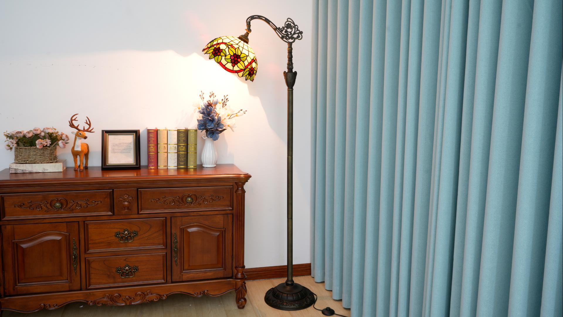 Image of Tiffany Floor Lamp Red grapes Classical elegance Gooseneck Adjustable Corner Vintage Standing Reading Lamps 12 inch Stained Glass Lamps for Bedroom Living Room Study room countryside Home Decoration