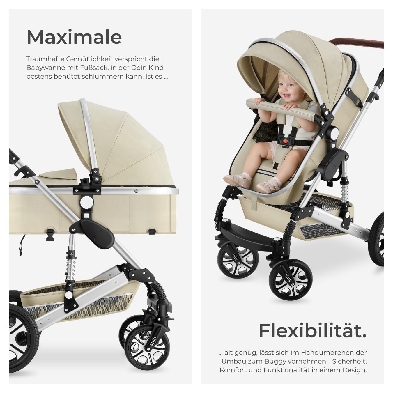 tectake 2 in 1 Kinderwagen klappbarer Buggy mit Liegefunktion Grau Beige