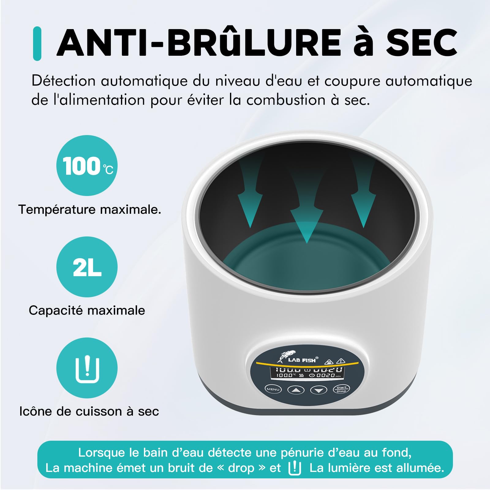 LAB FISH Bain-Marie Laboratoire 2L, Chauffage Précision 100°C, Cuve Inox avec Minuterie & Double Protection Sécheresse, Couvercle Transparent